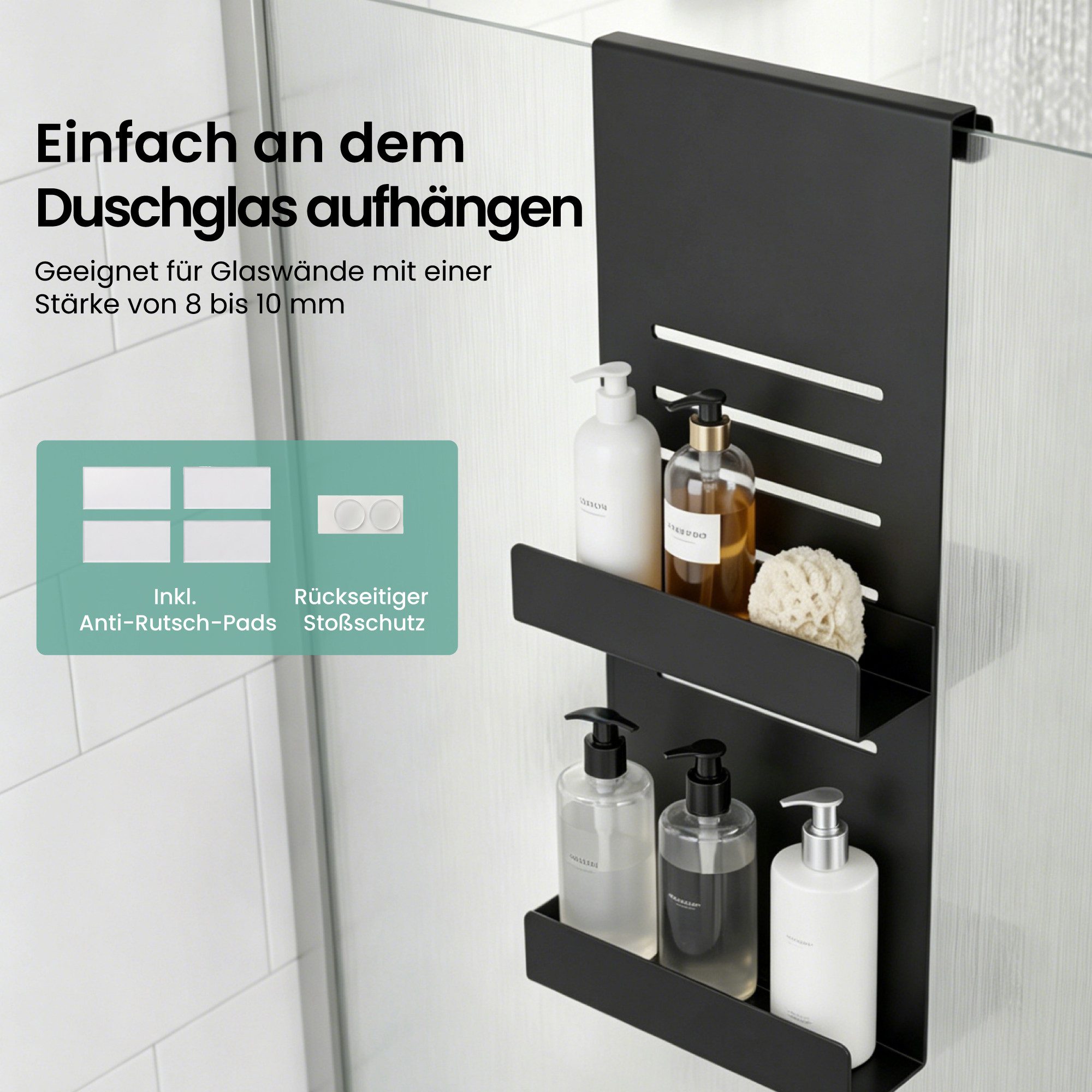 Mai & Mai Duschablage Duschregal Hängeregal ohne Bohren für Duschwand mit 2 Ebenen Oryne-01, Duschabalage zum Hängen mit 3 Haken, Höhenverstellbare Ablagen