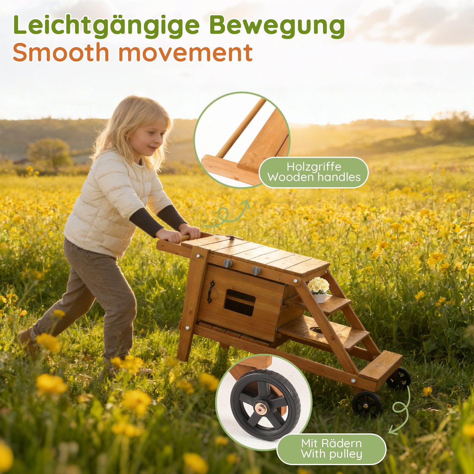 Flieks Outdoor-Spielküche Massivholz, Kinderküche mit Rollen Matschküche Küchenset mit Zubehör 132x59x60.5cm