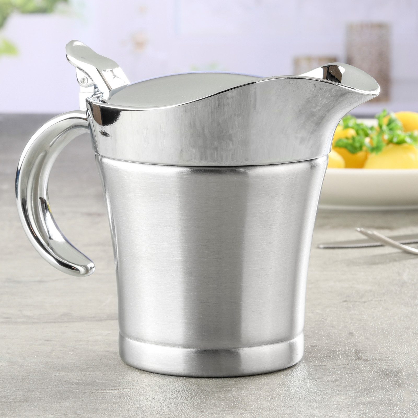 Haushalt International Sauciere Soßenbehälter Soßenkanne Edelstahl 400ml, Edelstahl, (Stück, 1-tlg), Doppelwandig, Einhand-Bedienung, Klappdeckel, Tragegriff