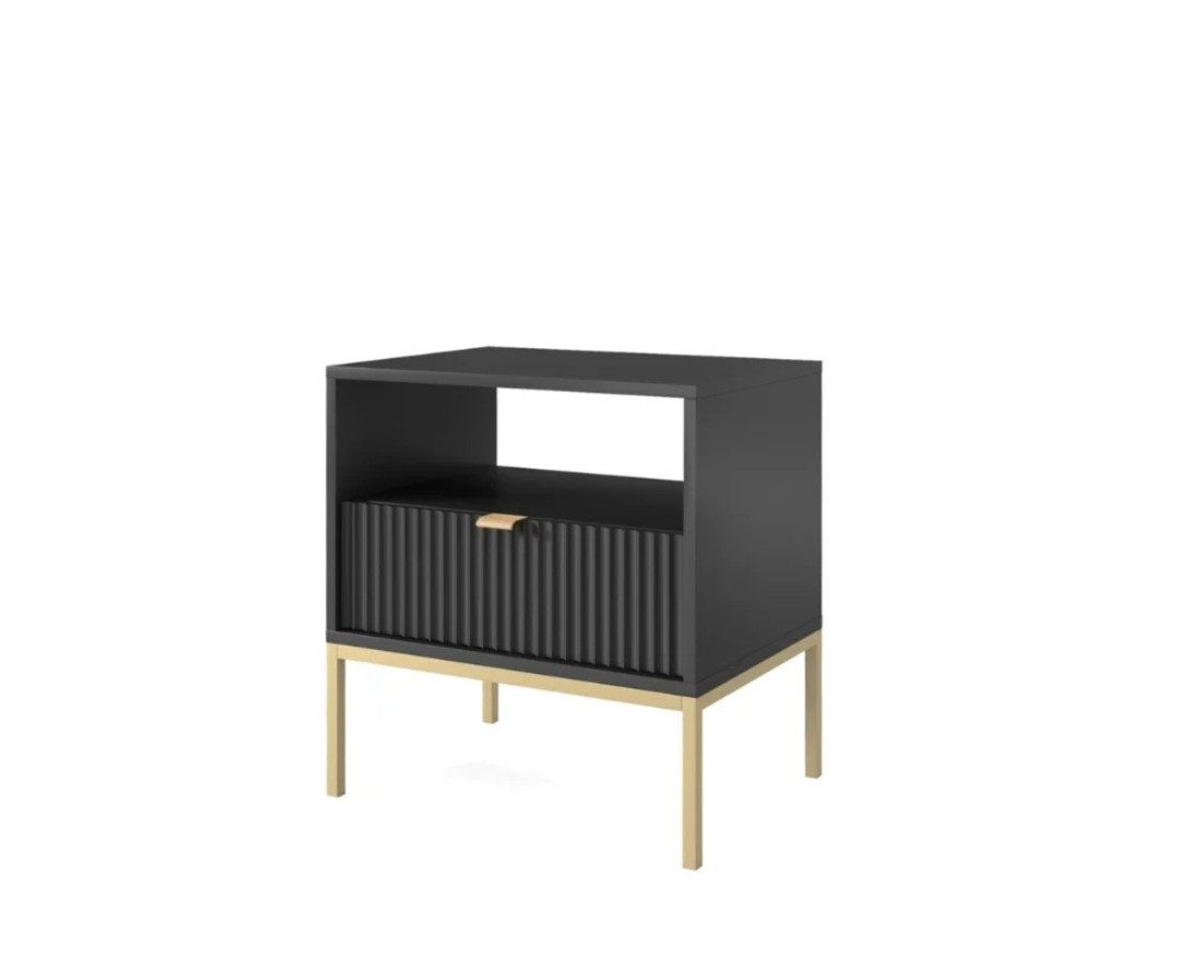 Deine Möbel 24 Nachttisch NOVO S54 54/56/39 cm Nachtkommode Weiß Grau Schwarz Premium (Set, 1-St., Schlafzimmer Goldene Griffe), geriffelte Fronten mit Schublade