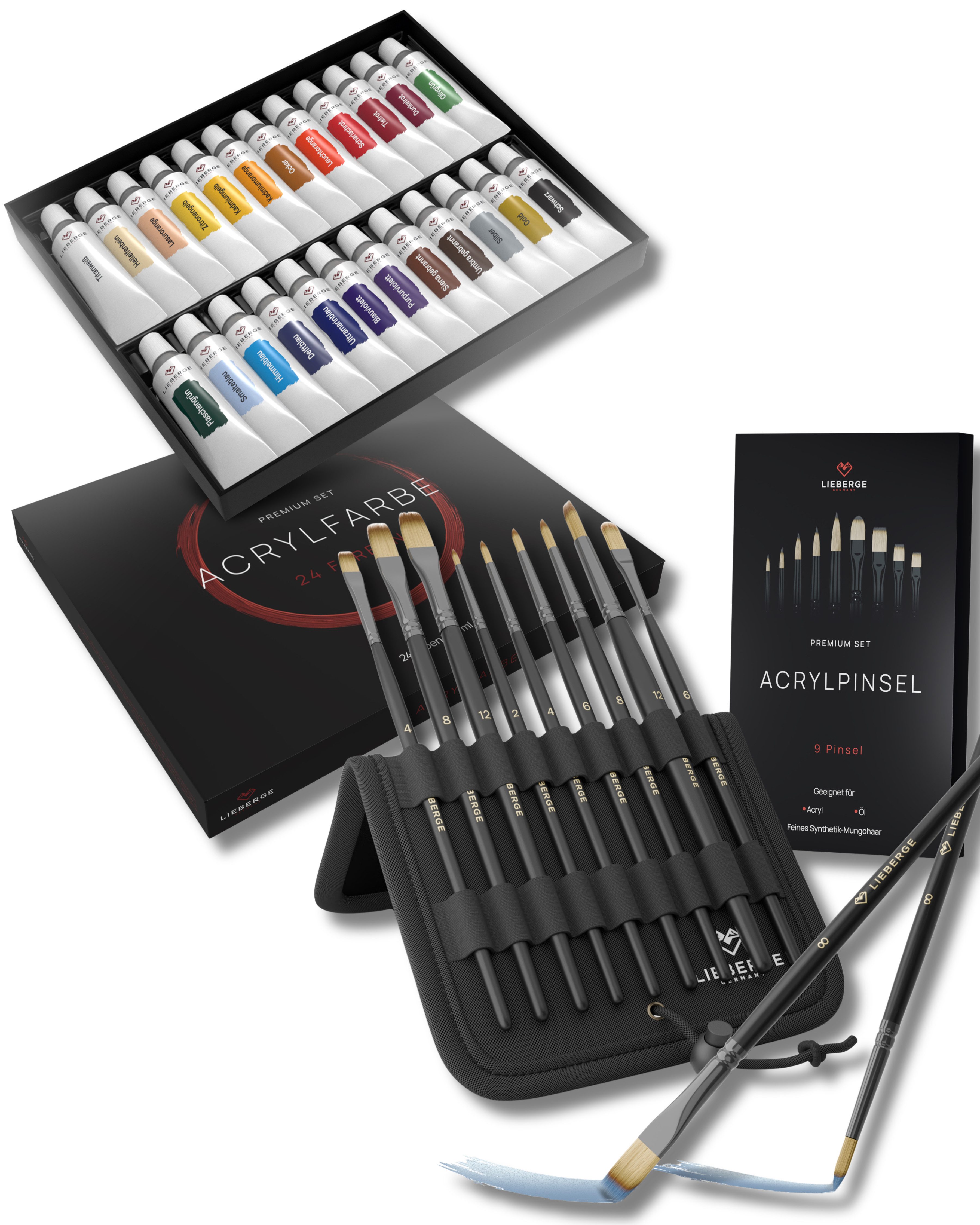 LIEBERGE Acrylfarbe Premium Set 24 Farben + Acrylpinsel-Set mit 9 Pinseln, hohe Farbbrillianz, lichtbeständig, wasserbasiert, schnelltrocknend