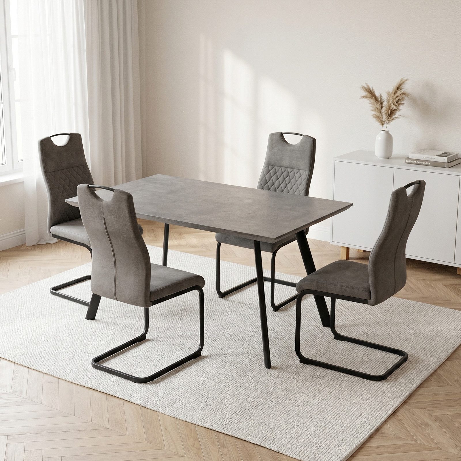 Jiexi Essgruppe Essgruppe 120x73cm MDF-Tisch Grau & Freischwinger Stühle