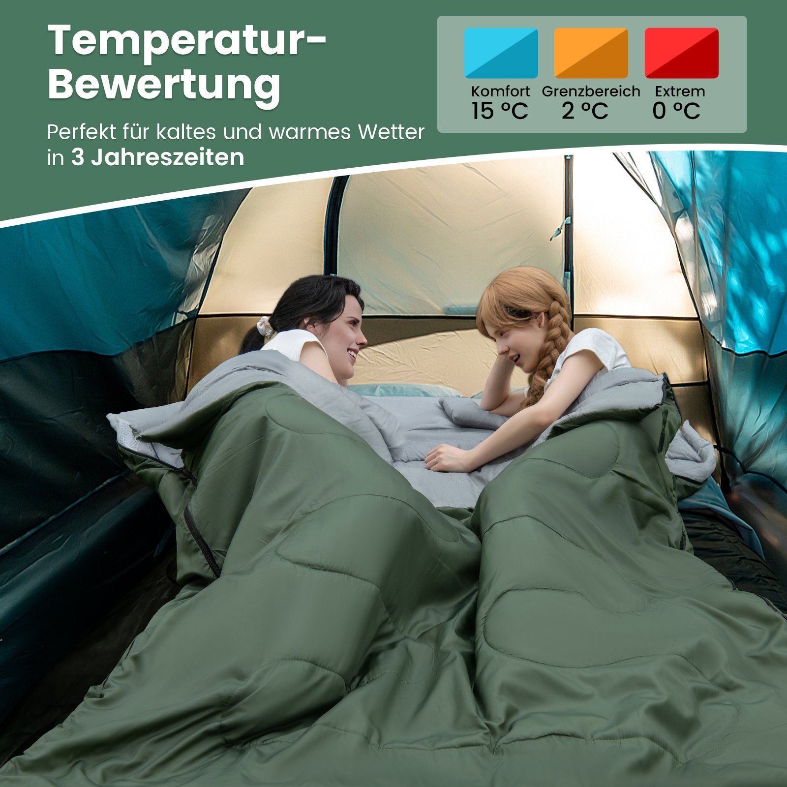 COSTWAY Doppelschlafsack, 220x150cm, 2 Personen+Kissen, 3 Jahreszeiten, 0°C