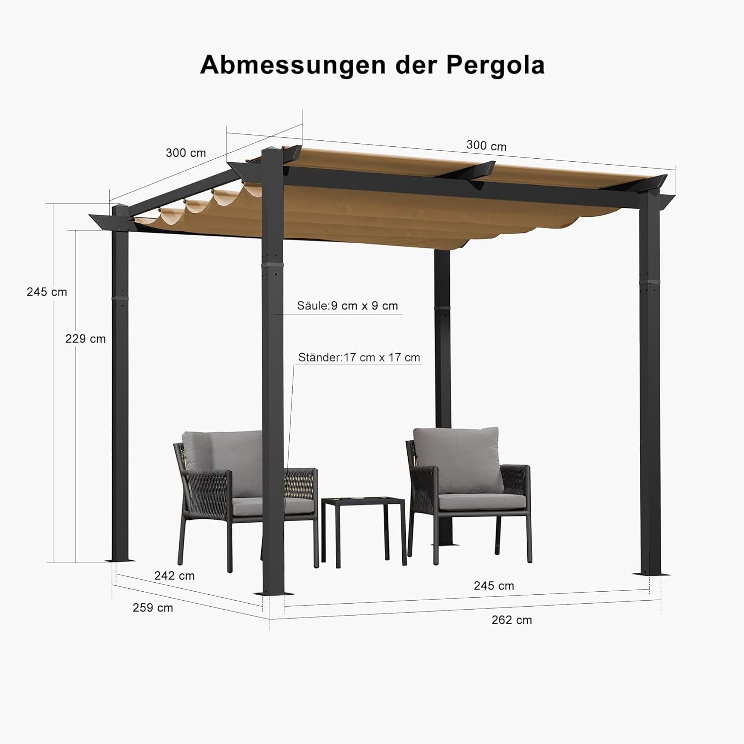 PURPLE LEAF Pergola Pavillon mit Schiebedach aus Aluminium und Seitenvorhang, BxTxH: 300x300x245 cm, (Komplettes Set, 1 Pergola + 1 Seitenvorhang), Freistehende Pergola mit manuellem Schiebedach und Seitenvorhang