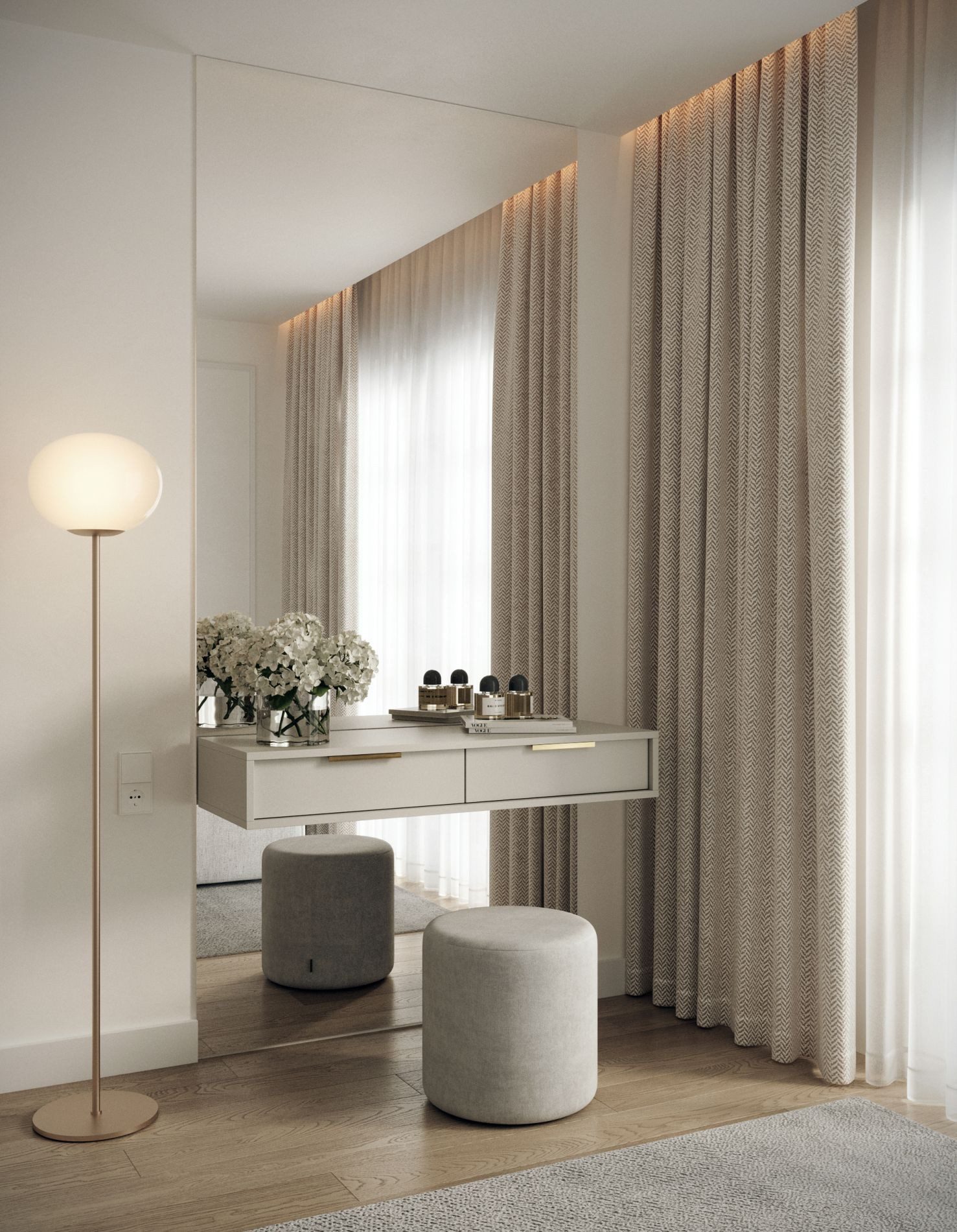 Selsey Schminktisch VIVIARO, Hängend mit 2 Schubladen, 110 cm, Kaschmirgrau, goldene Griffe