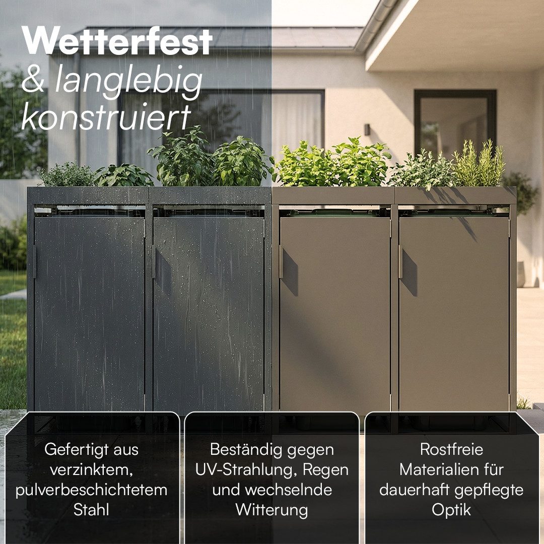 STEELSØN Mülltonnenbox Thoria mit Pflanzendach, Mülltonnenverkleidung aus Stahl (Anthrazit, 120 L, verfügbar mit 1, 2, 3, 4, oder 5 Türen), für 4 Tonnen – Bild 4 von 5