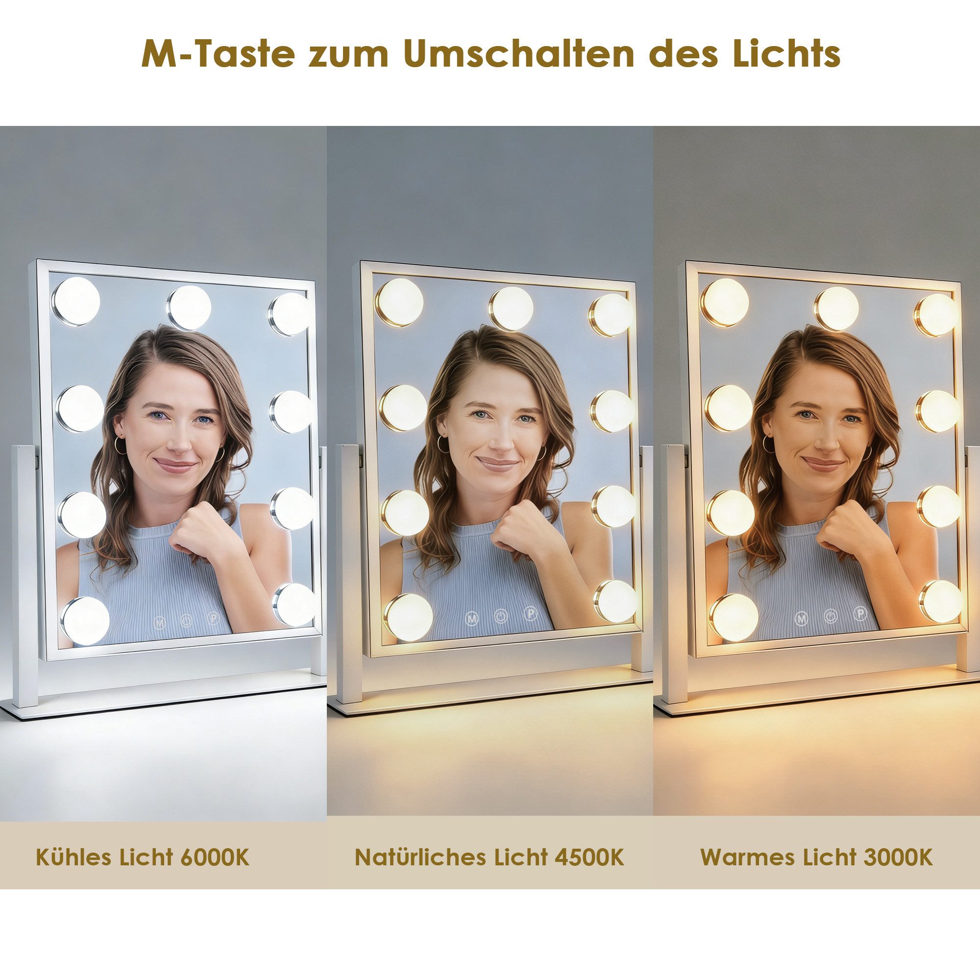 skelo Schminkspiegel mit Beleuchtung Hollywood Spiegel 33,5 x 30,5 cm, 9 LED Lampen (1-St., USB-betrieben (kein Akku enthalten), 360° Drehbar Kosmetikspiegel mit 3 Lichtfarben, Touch-Steuerung