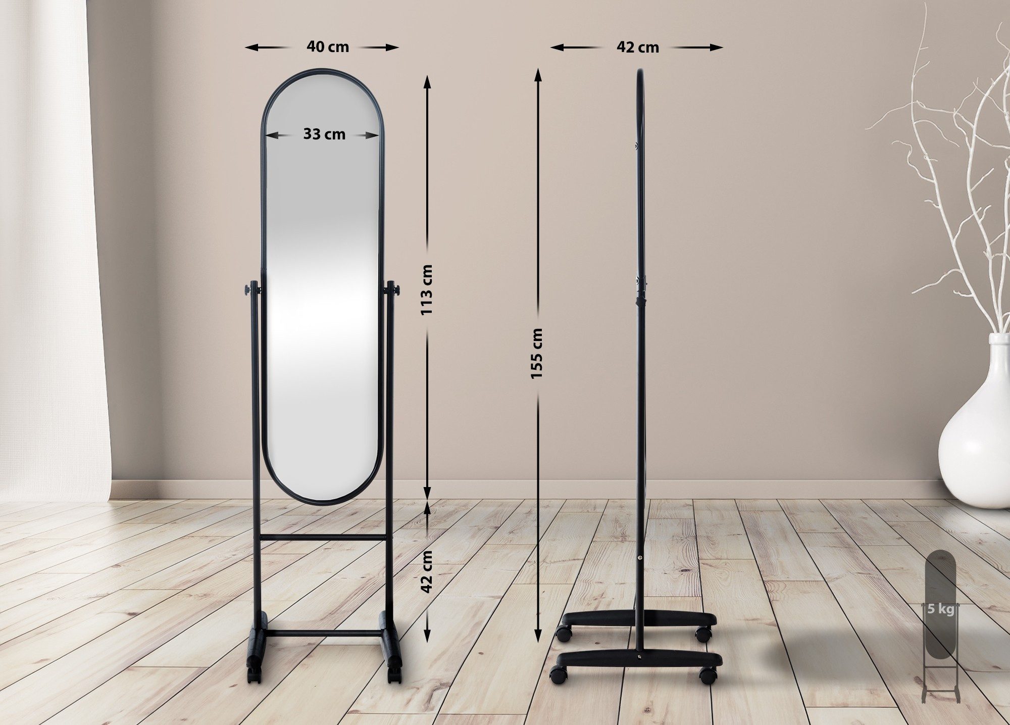 furnicato Standspiegel Nane Oval 155x40x42 cm schwarz (1-St)