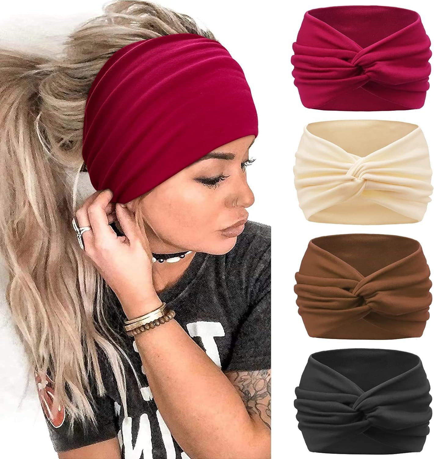 Coonoor Haargummi 4 Stück Stirnbänder Damen Boho Breite Haarband Weiche Stirnband