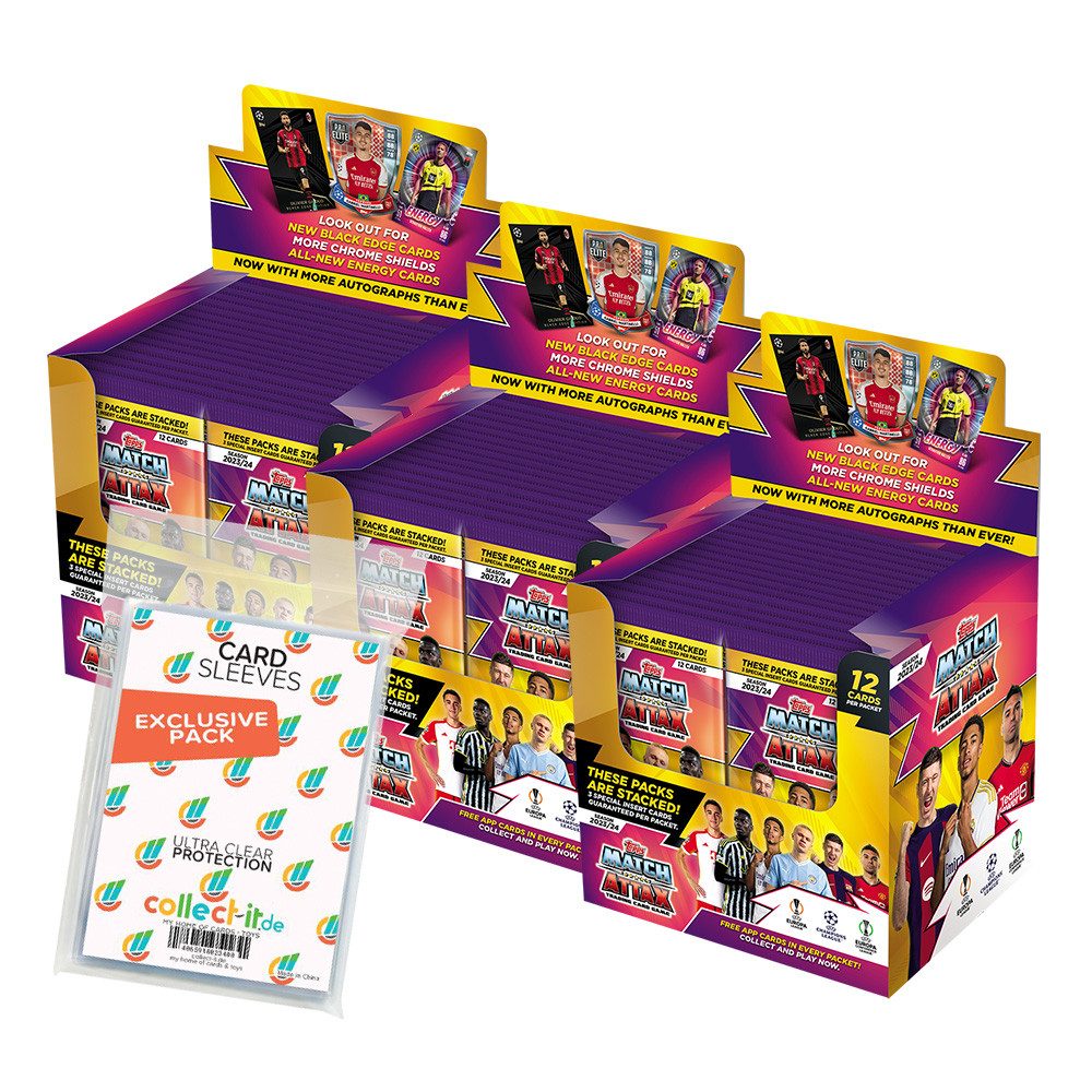 Topps Sammelkarte Champions League 2023/24 3 Display (108 Booster) + collect-it Hüllen