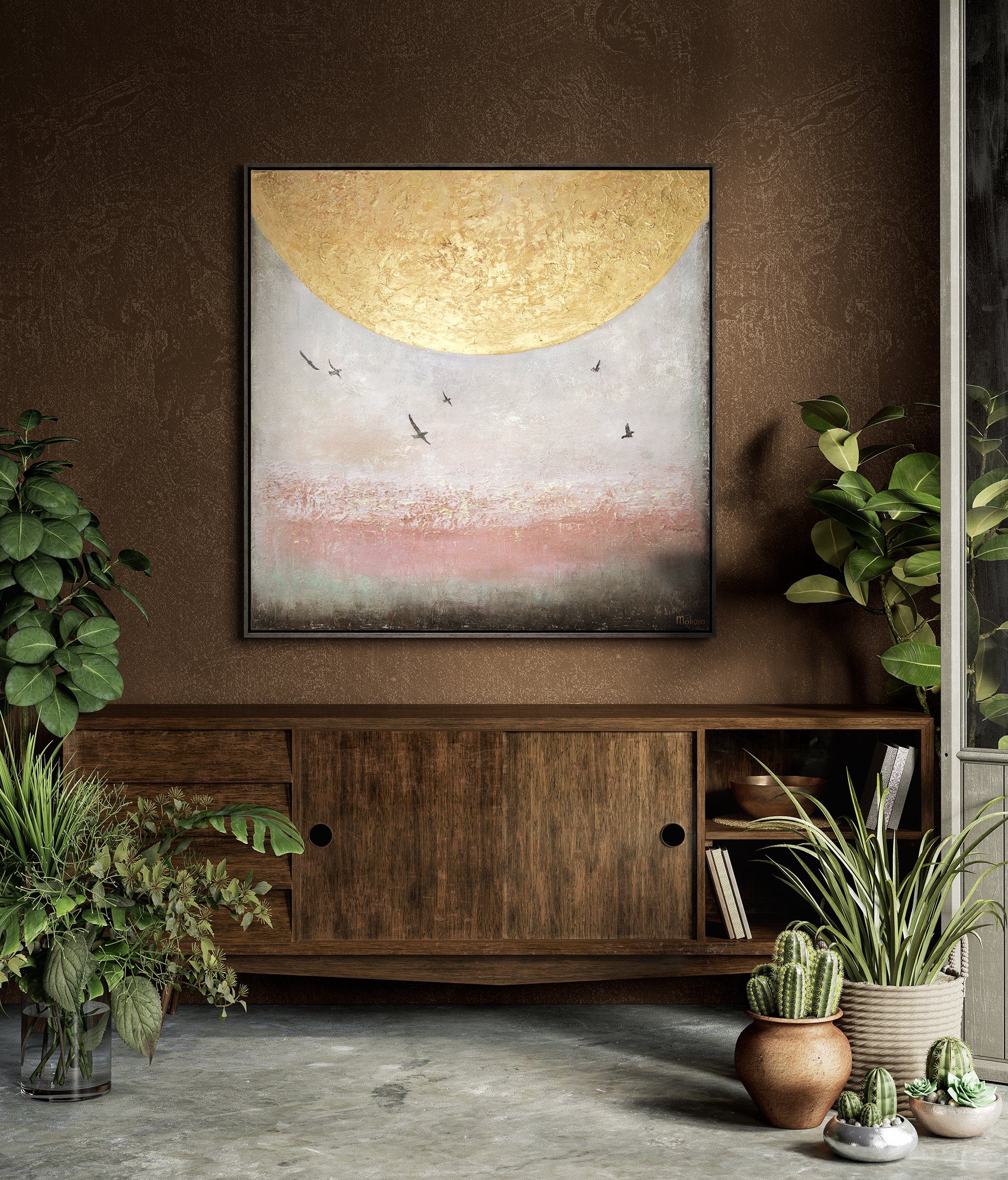 YS-Art Gemälde Sonnenenergie II, Landschaft, Leinwand Bild Handgemalt Goldene Sonne Vögel Abstrakt