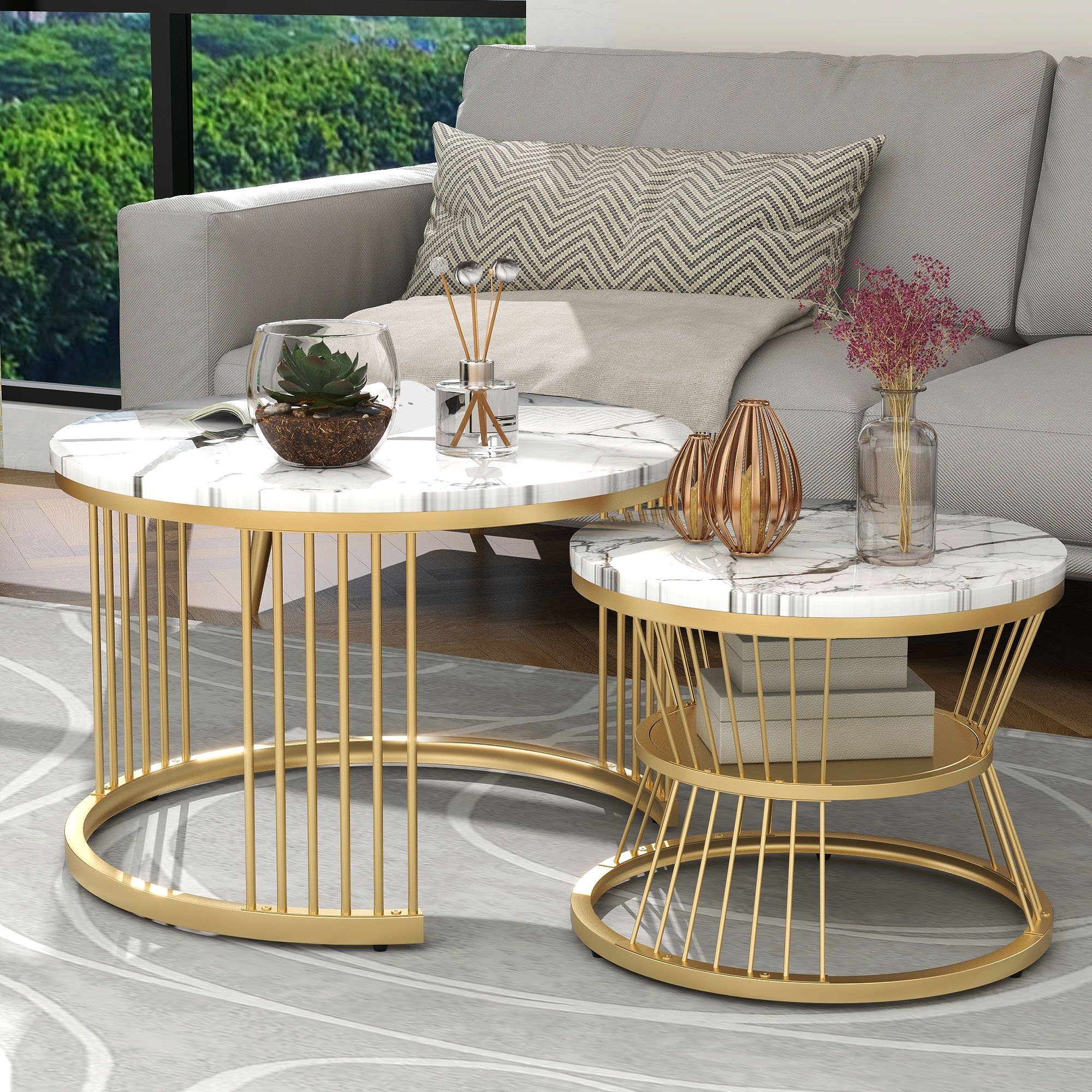 OKWISH Couchtisch und 2er Set, Goldene Satz von 2, Endtische), Beistelltisch Sofa Nest Furnier Weiß+Gold Frame Runde Seite Marmor von (Couchtisch Farbe Satz Tischen