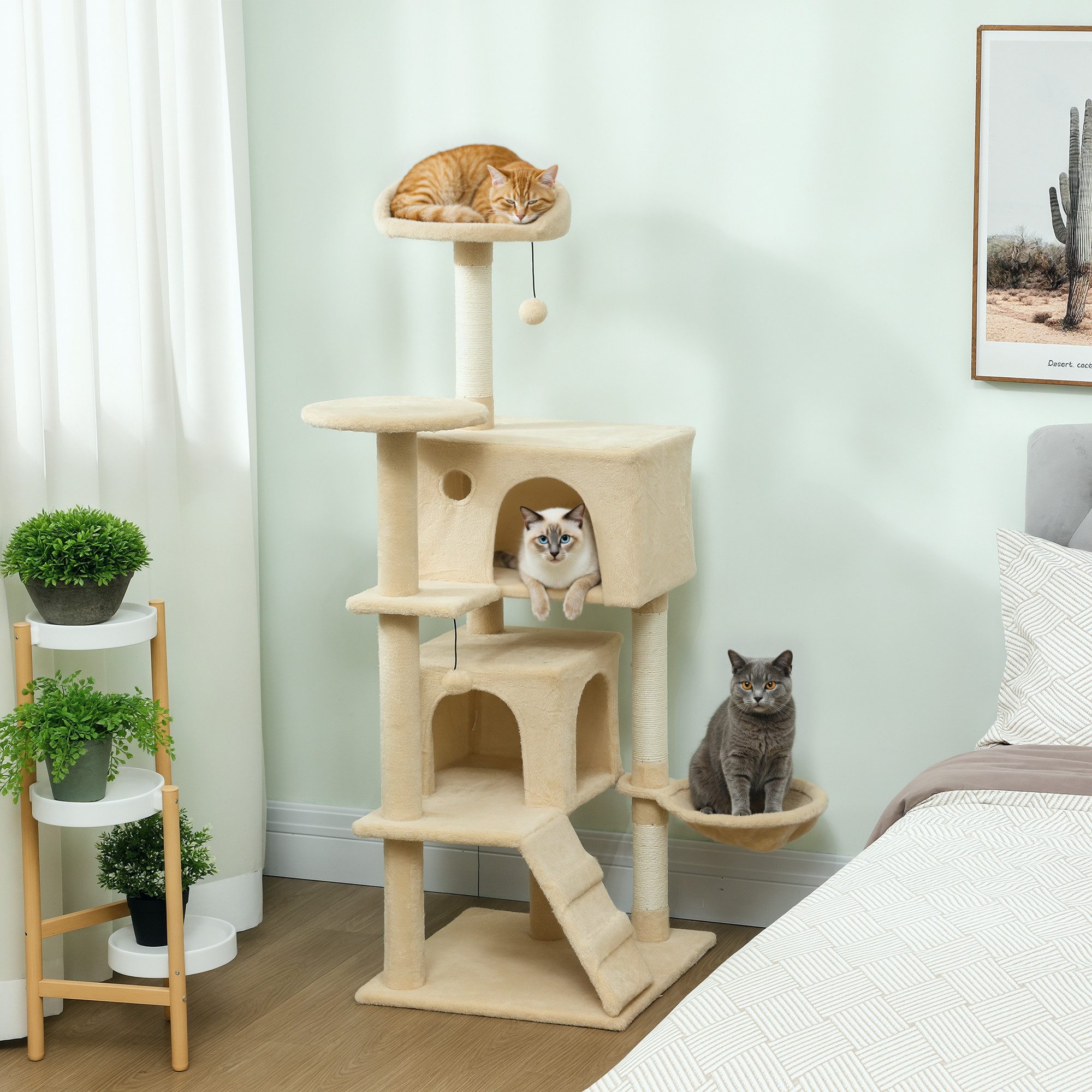 PawHut Kratzbaum 140 cm Katzenturm mit Hängematte, Leiter, Höhle, 2 Plüschballen, Sisalstämme, große Plattform, für Katzen unter 5 kg, Beige