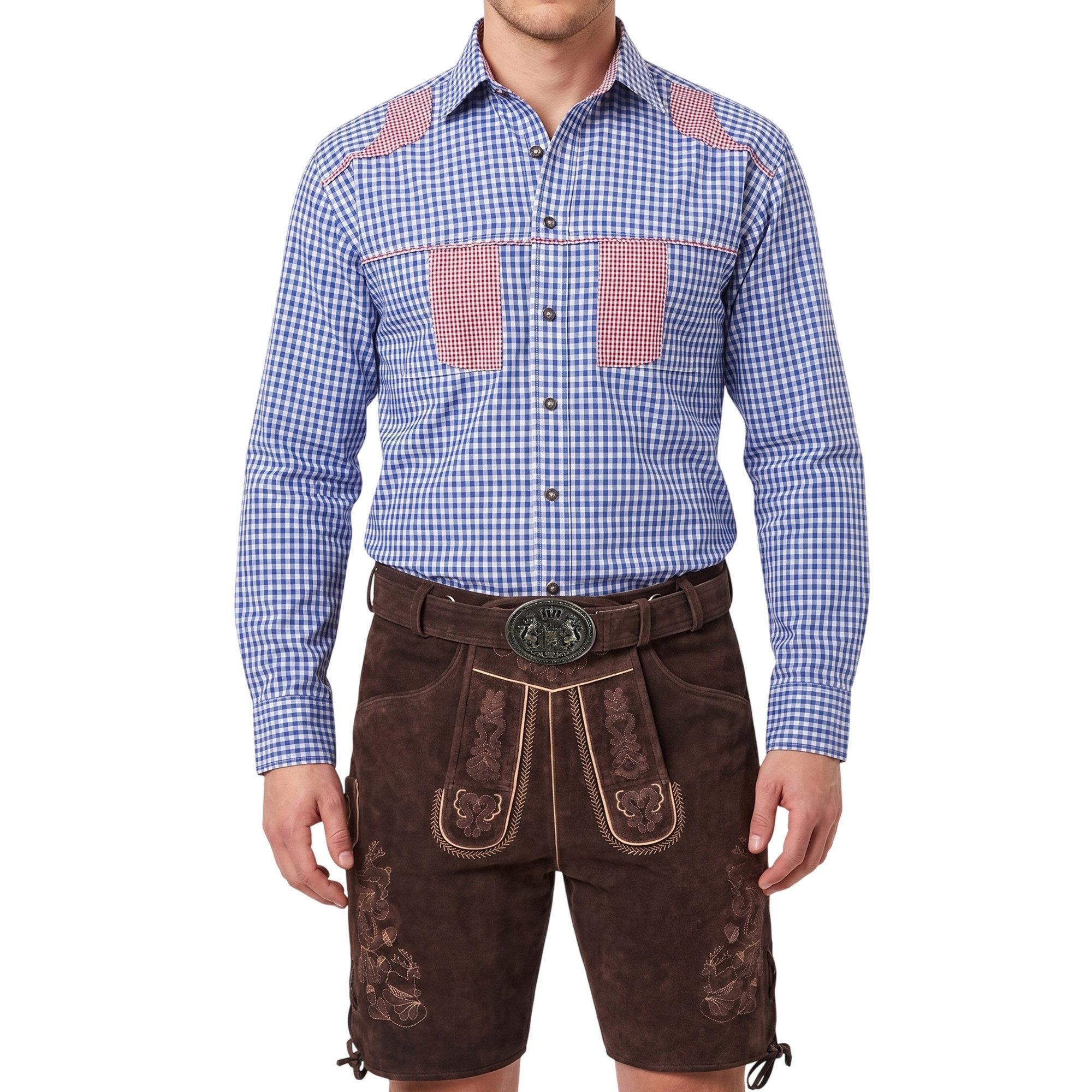 German Wear Trachtenhemd GW1242 Blue Karo Trachtenhemd für Trachtenlederhosen Krempelärmel Baumwolle