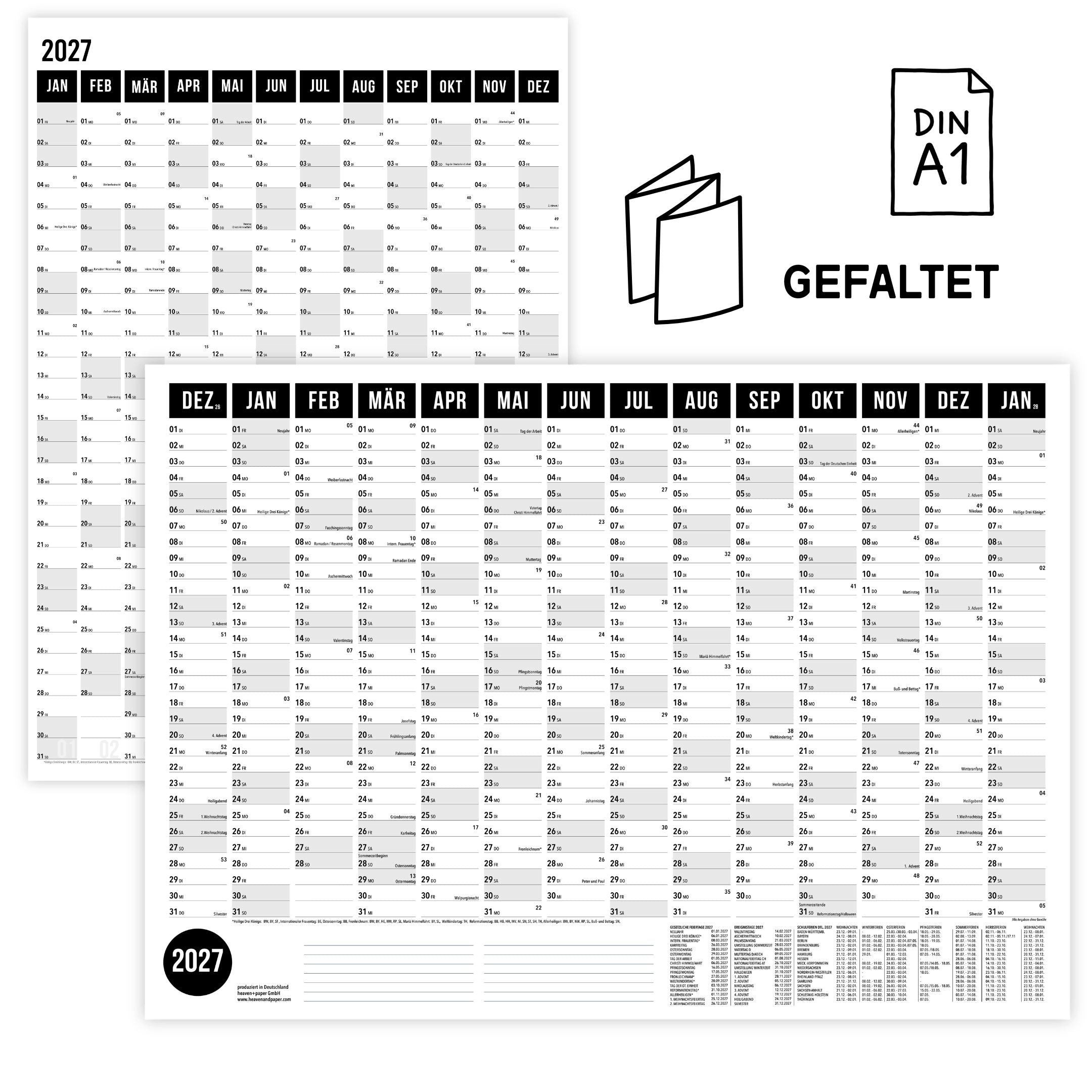heaven+paper Jahresplaner Wandplaner 2027 Schwarz– DIN A1, beidseitig bedruckt, Hergestellt in Deutschland