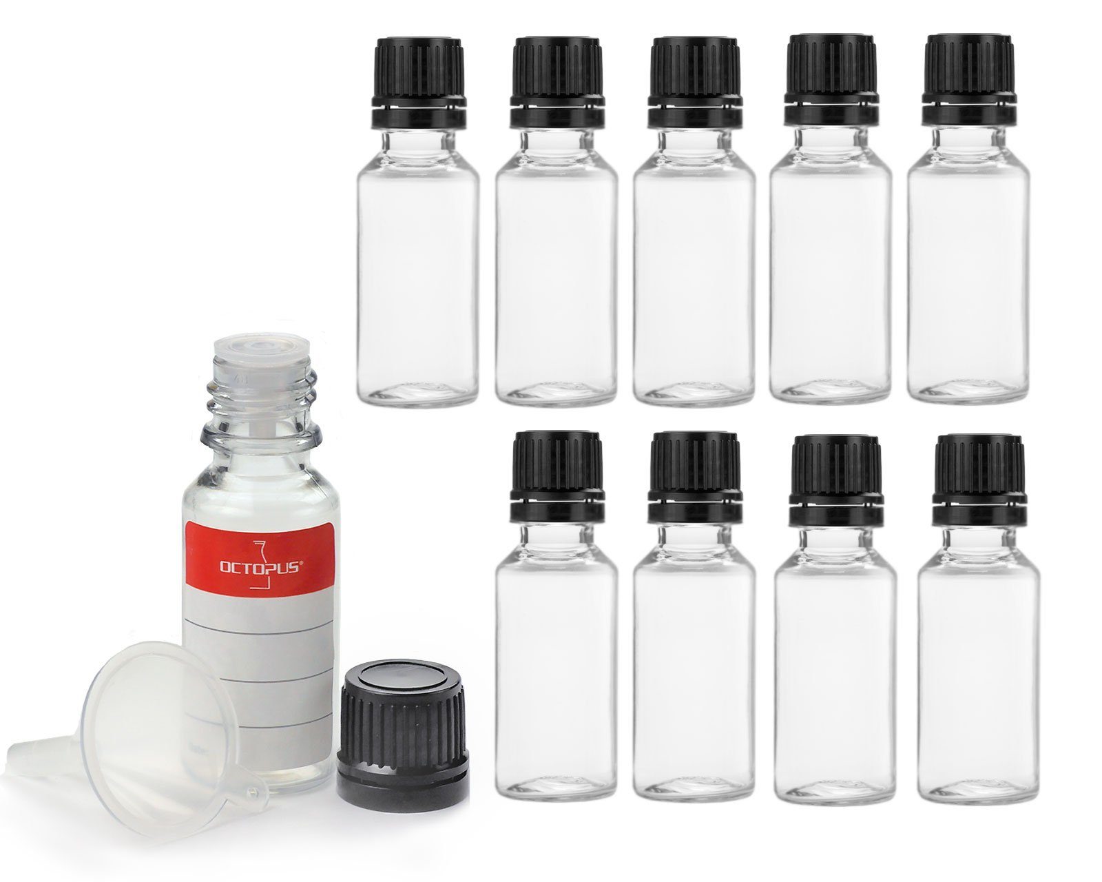 OCTOPUS Kanister 10x 20ml PET Flasche mit Tropfverschluss (G18) und Minitrichter