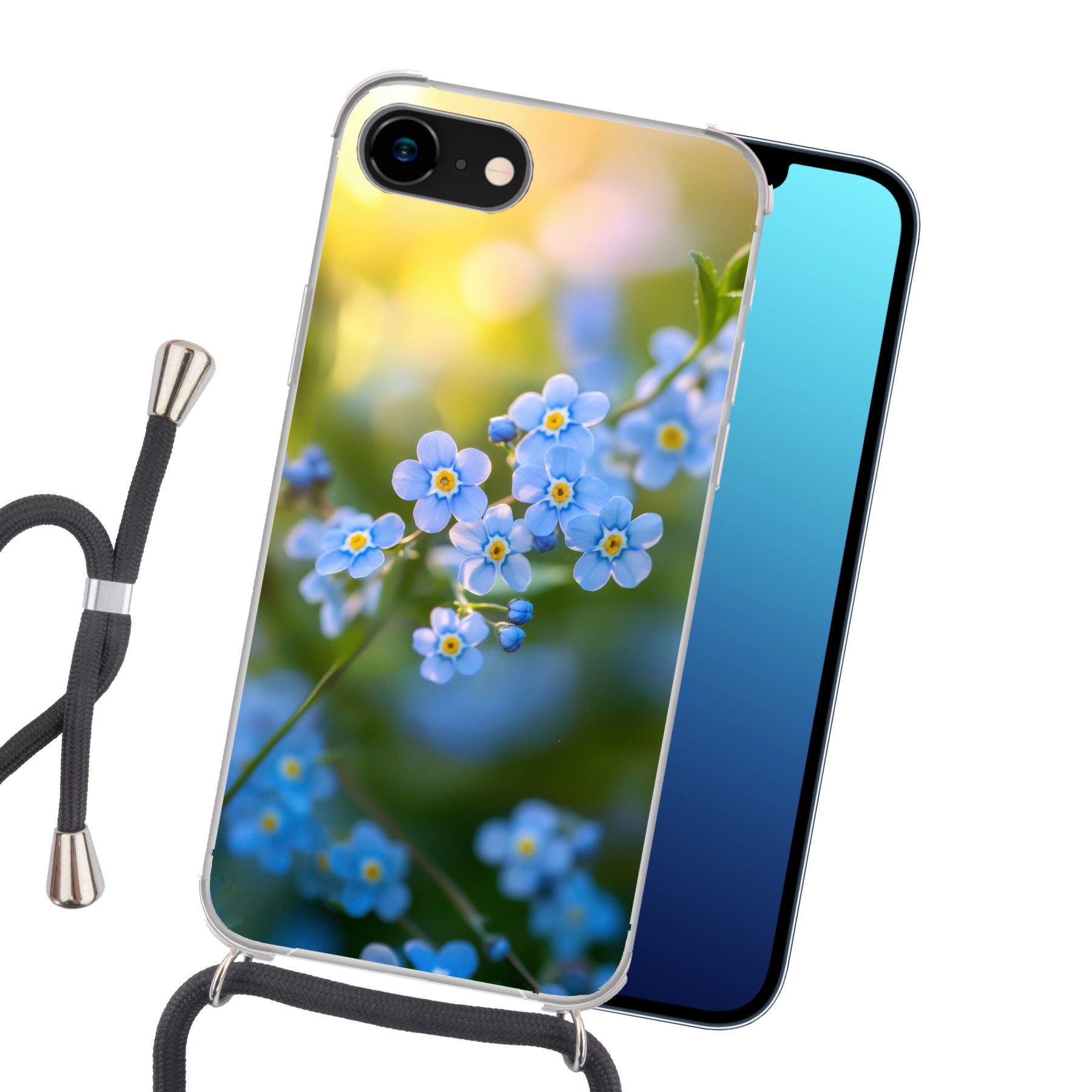 MuchoWow Handyhülle für Apple iPhone 8 Blumen - Blau - Vergissmeinnicht, Tragbare Handyhüllen mit Kette zum umhängen, Handykette Handyband