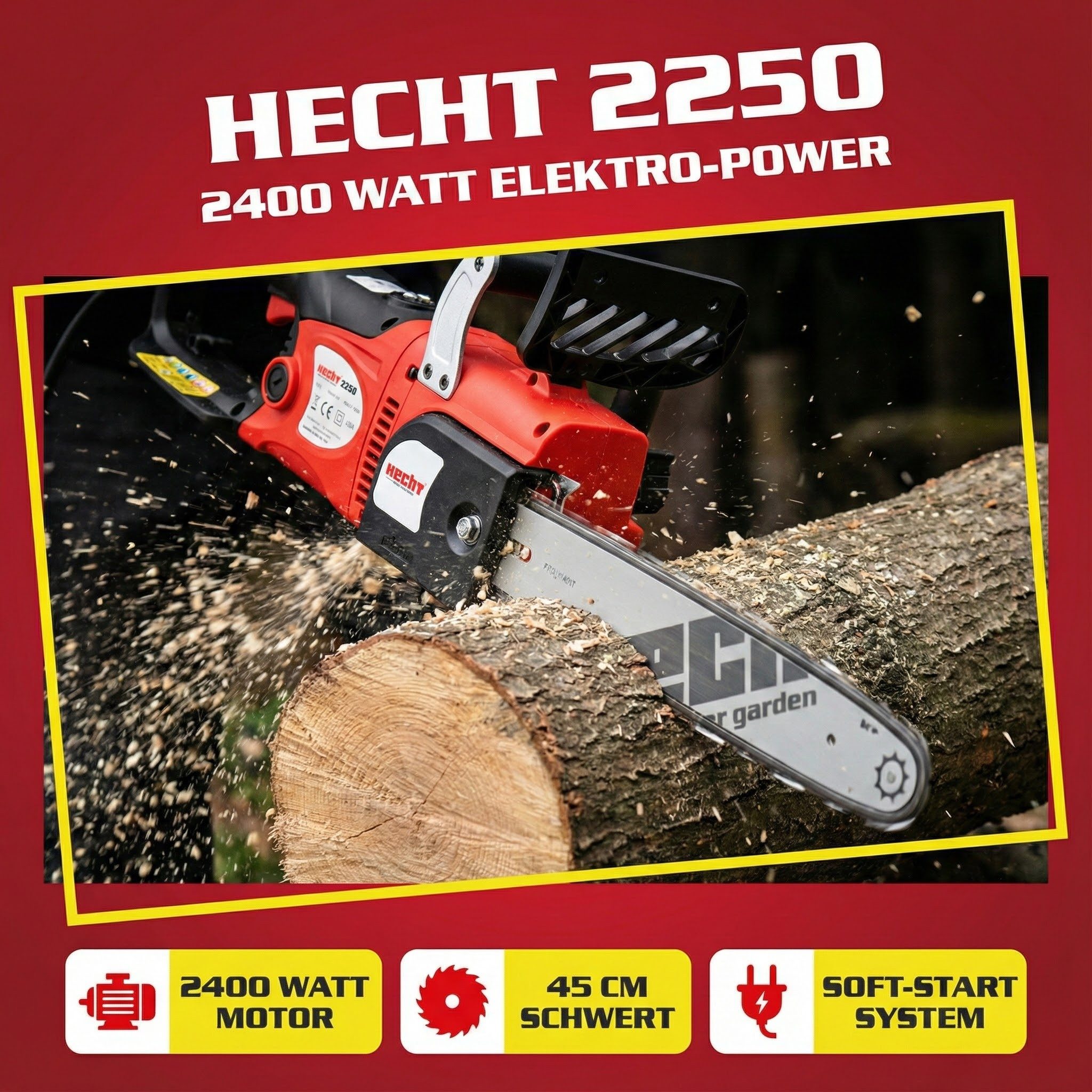 Hecht electric chainsaw 2250 with 40 cm cutting length, 45.8 cm bar length, 2400 watts, soft start, kickback brake