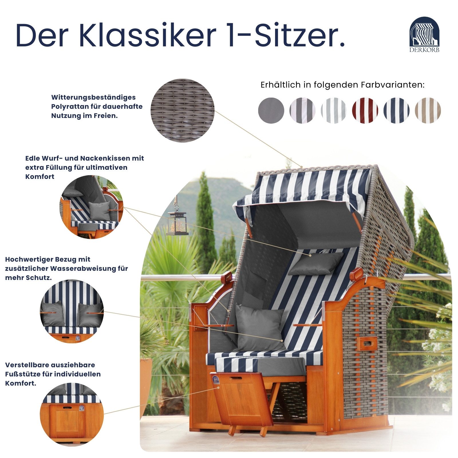 DERKORB Strandkorb Der Klassiker - 1-Sitzer, BxTxH: 100x78x166 cm, Volllieger, Ostsee-Modell DER KLASSIKER, 1-Sitzer Single, Wurf und Nackenkissen, 4 montierte Strandkorbrollen