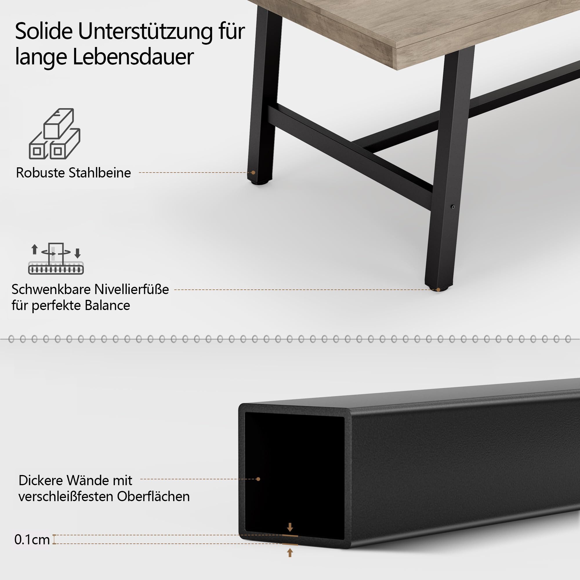 GarveeMore Esstisch 180 cm Großer rechteckiger Esstisch MDF-Tischplatte Holzoptik (1Tisch), Metallgestell Robust Multifunktionaler Esstisch für 6 bis 8 Personen