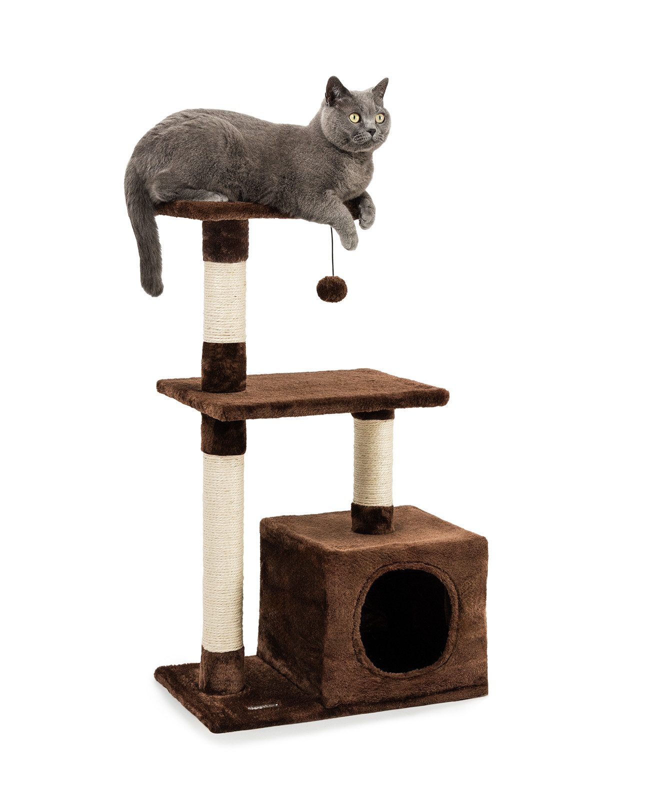 lionto Kratzbaum 85 cm, kompakter Spielbaum für Katzen, mit Wandhalterung, Höhle, 2 Plateaus, Plüschball & Sisalstämmen