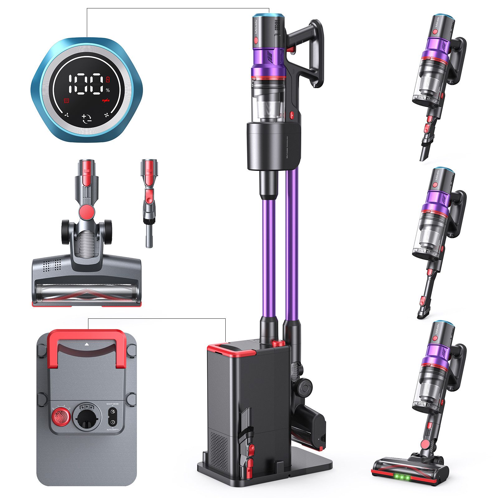 lubluelu Akku-Hand-und Stielstaubsauger X1000 Kabelloser Akku Staubsauger mit 2,5L Absaugstation, 400 W, mit Beutel, 60 Min.,LED Beleuchtung, mit Auto Empty Funktion und Duftbox