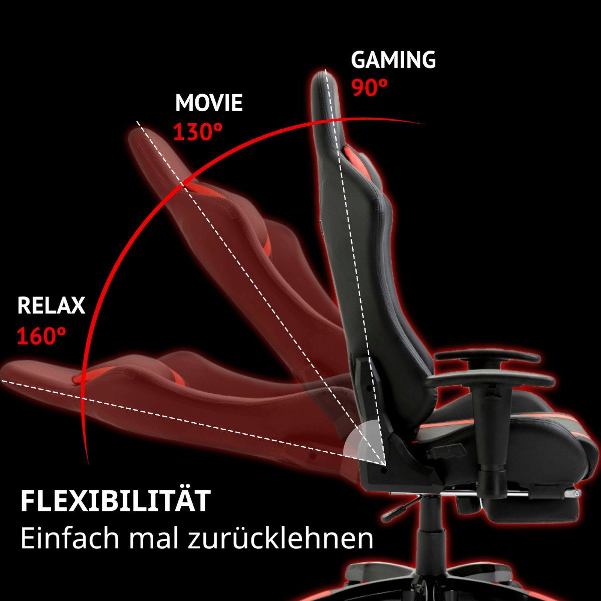 Chair roten SVITA (1 GAMYX | Schwarz Fußablage, verstellbare mit Gaming Streifen & roten Nackenkissen Armlehnen, ausziehbare mit Schwarz Streifen Lenden- St),