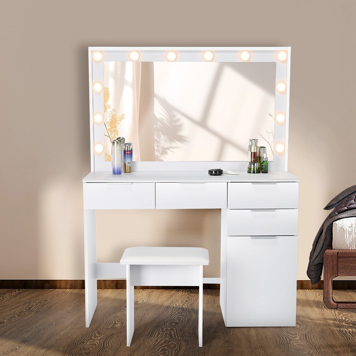 Schminktisch Kosmetiktisch mit Spiegel und Hocker, 5 Schubladen, Schminktisch Set