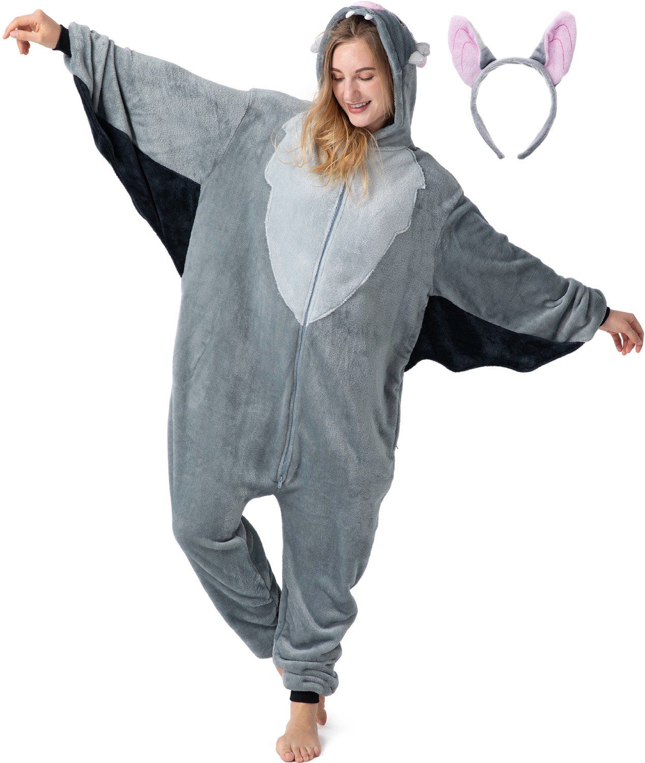 Corimori Partyanzug Flauschiges Fledermaus-Kostüm für Erwachsene mit Haarreif,  Halloween, Jumpsuit, Pyjama, Fasching, Kigurumi, Tierkostüme, Fledermaus "Vivi"