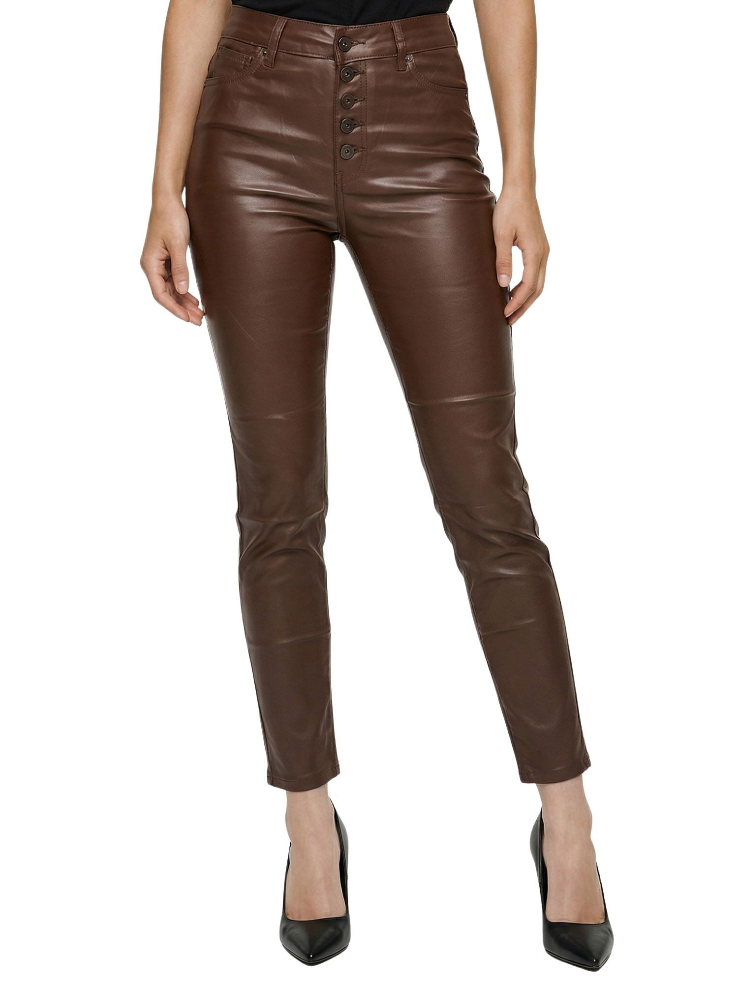 Tazzio Skinny-fit-Jeans F140 Leder-Optik, offene Knopfleiste, High Waist