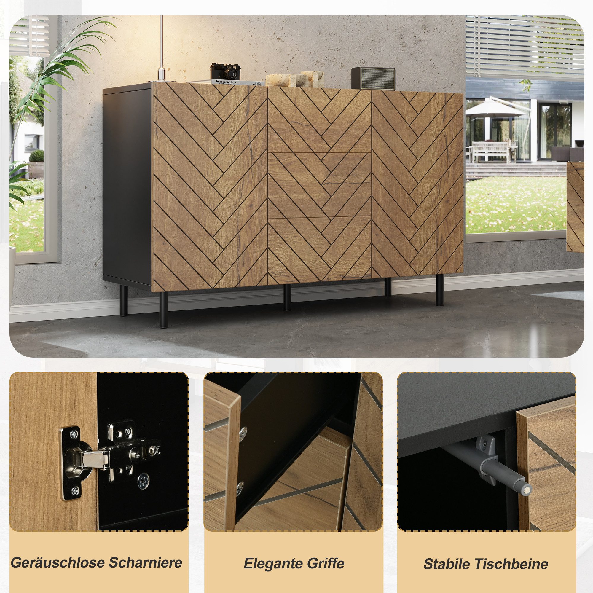 Merax Sideboard im Holzoptik und Schwarz, Aufbewahrungsschrank (1 St), Kommode mit 3 Schubladen, 2 Türen & Stauraum, 120×40×76cm – Bild 5 von 5