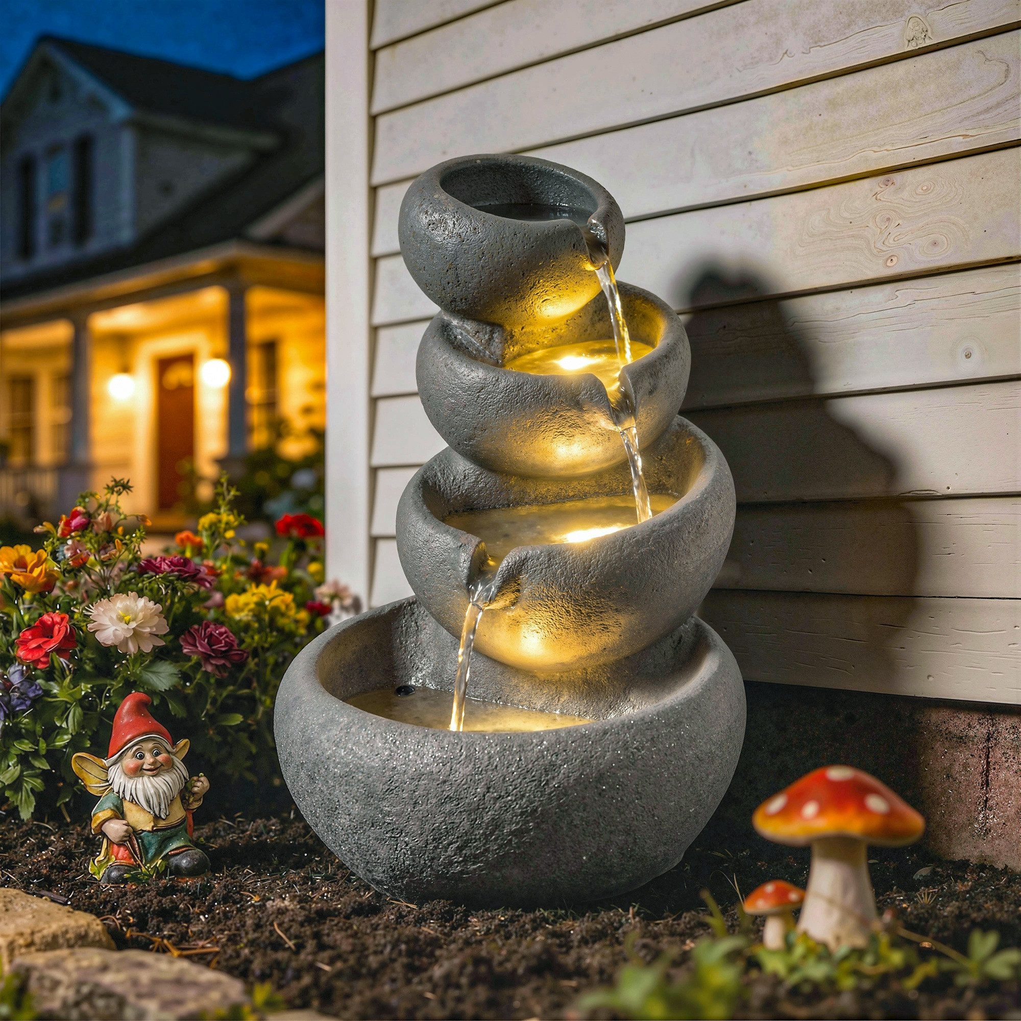 Outsunny Gartenbrunnen mit LED Beleuchtung, Pumpe, Steinoptik, 35 cm Breite, Wasserbecken BxT: 32x32 cm, (Springbrunnen, 1 tlg., Wasserspiel), für Garten Terrasse 35 x 32 x 50 cm