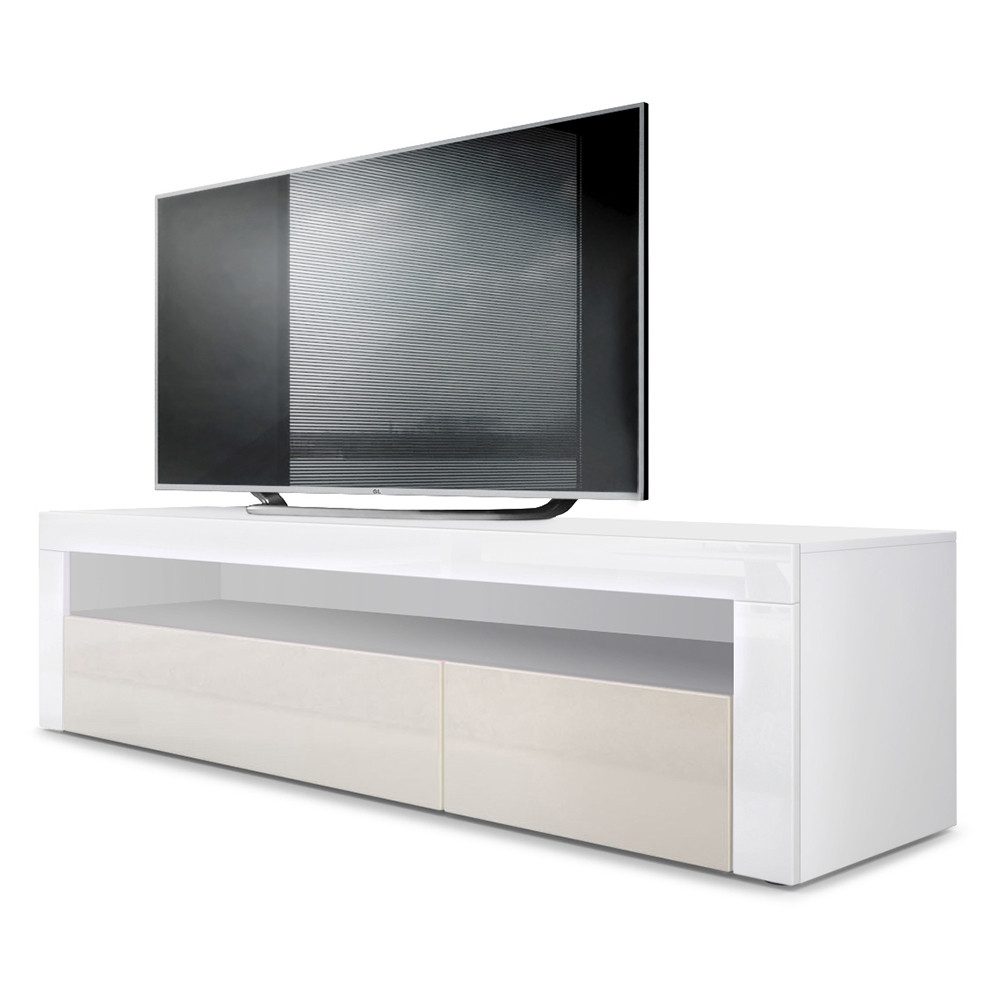 Vladon Lowboard Valencia (TV-Kommode, ​mit 1 offenem Fach und 2 Klappen), Weiß matt/Creme Hochglanz/Weiß Hochglanz (155 x 46 x 40 cm)