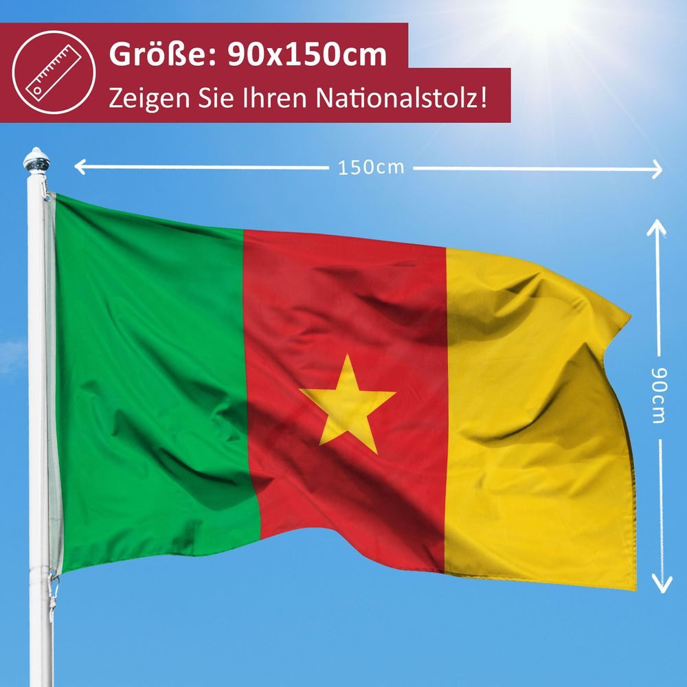 PHENO FLAGS Flagge Kamerun Flagge 90 x 150 cm Kamerunfahne Fahne Afrika (Hissflagge für Fahnenmast), Inkl. 2 Messing Ösen