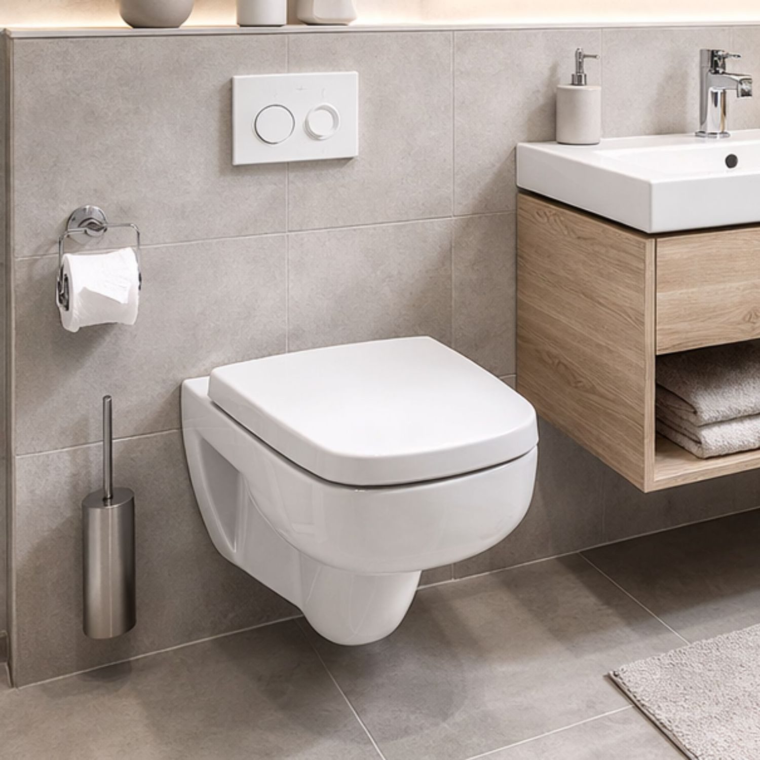 GEBERIT Tiefspül-WC Renova Plan Wand-WC Set spülrandlos Tiefspüler Weiß, Wandmontage, Abgang waagerecht, WC-Sitz mit Absenkautomatik