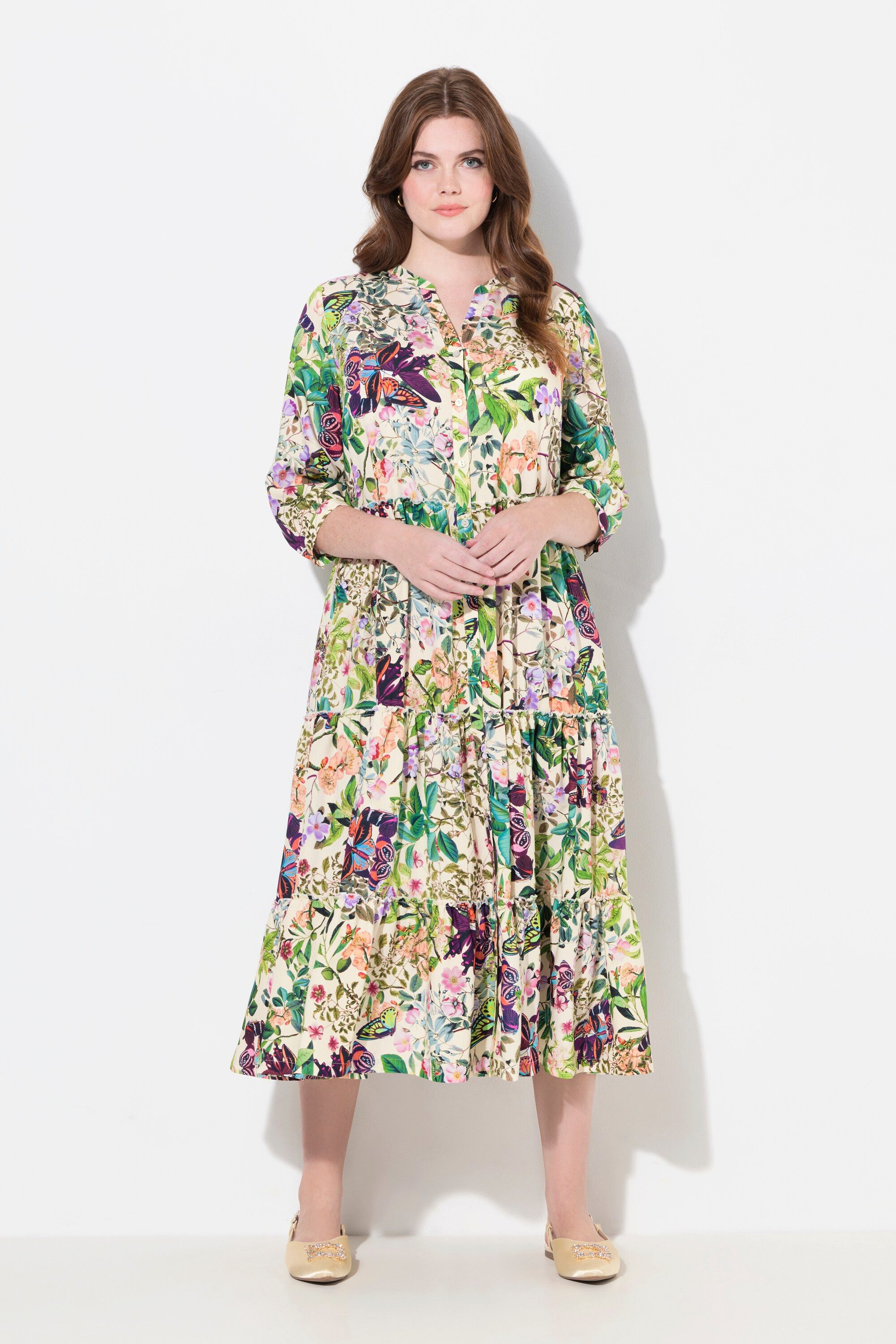 Ulla Popken Maxikleid Maxikleid Stehkragen V-Ausschnitt günstig online kaufen