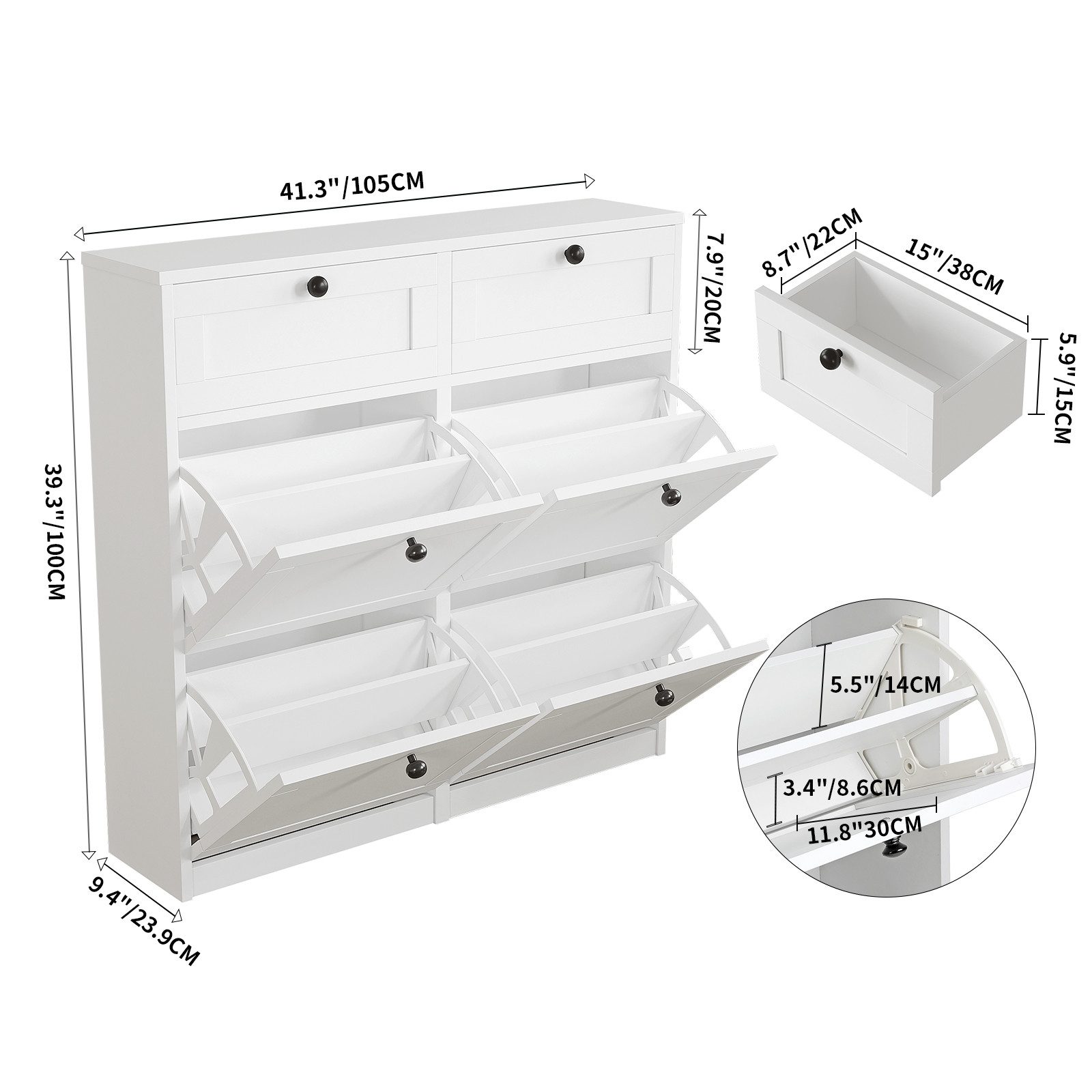 VOWNER Schuhschrank mit 4 Klappen, einstellbarer Schuhregal, schmaler Weiß