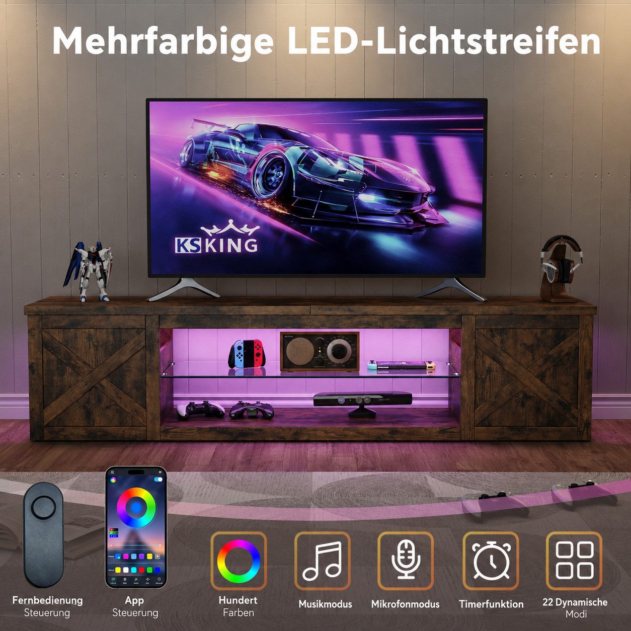 Patbrela TV-Schrank Landhausstil mit RGB-LED verstellbarem Einlegeboden & offenem Stauraum