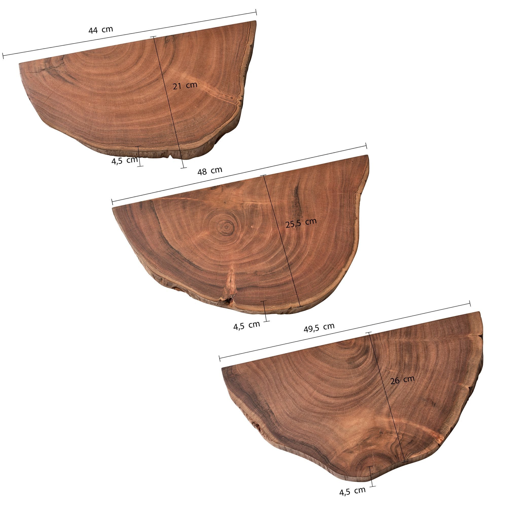FINEBUY Wandregal FB98594 Pflanzentreppe 3er Set Akazie Vollholz Baumscheibe Wand, mit Baumkante Akazie Vollholz, 3er Set hängend, Hängeregal Baumscheibe, Schweberegal Baumstamm