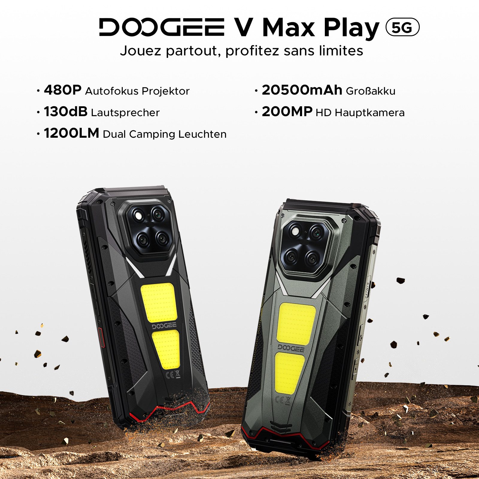 DOOGEE V MAX PLAY 5G Rugged Smartphone mit LED-Projektor & Dual-Camping-Licht Smartphone (6.78 Zoll, 512 GB Speicherplatz, 200 MP Kamera, 20500mAh Akku,16GB RAM, 512GB ROM, 200MP+32MP, Lautsprecher)