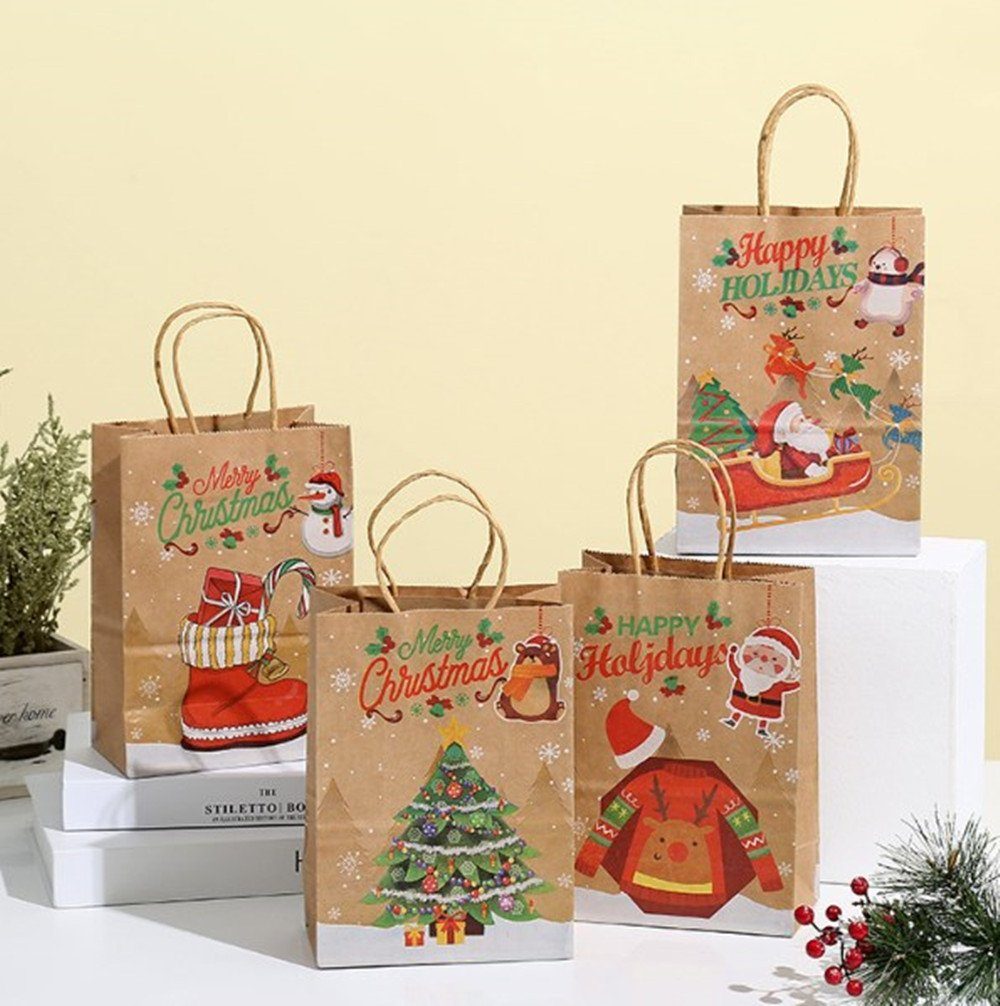XDeer Geschenkpapier 4 Stk Geschenktüten Weihnachten,Kraftpapier Weihnachtstüten Set, Geschenkverpackung Papier Tüten mit Henkel, Wiederverwendbar