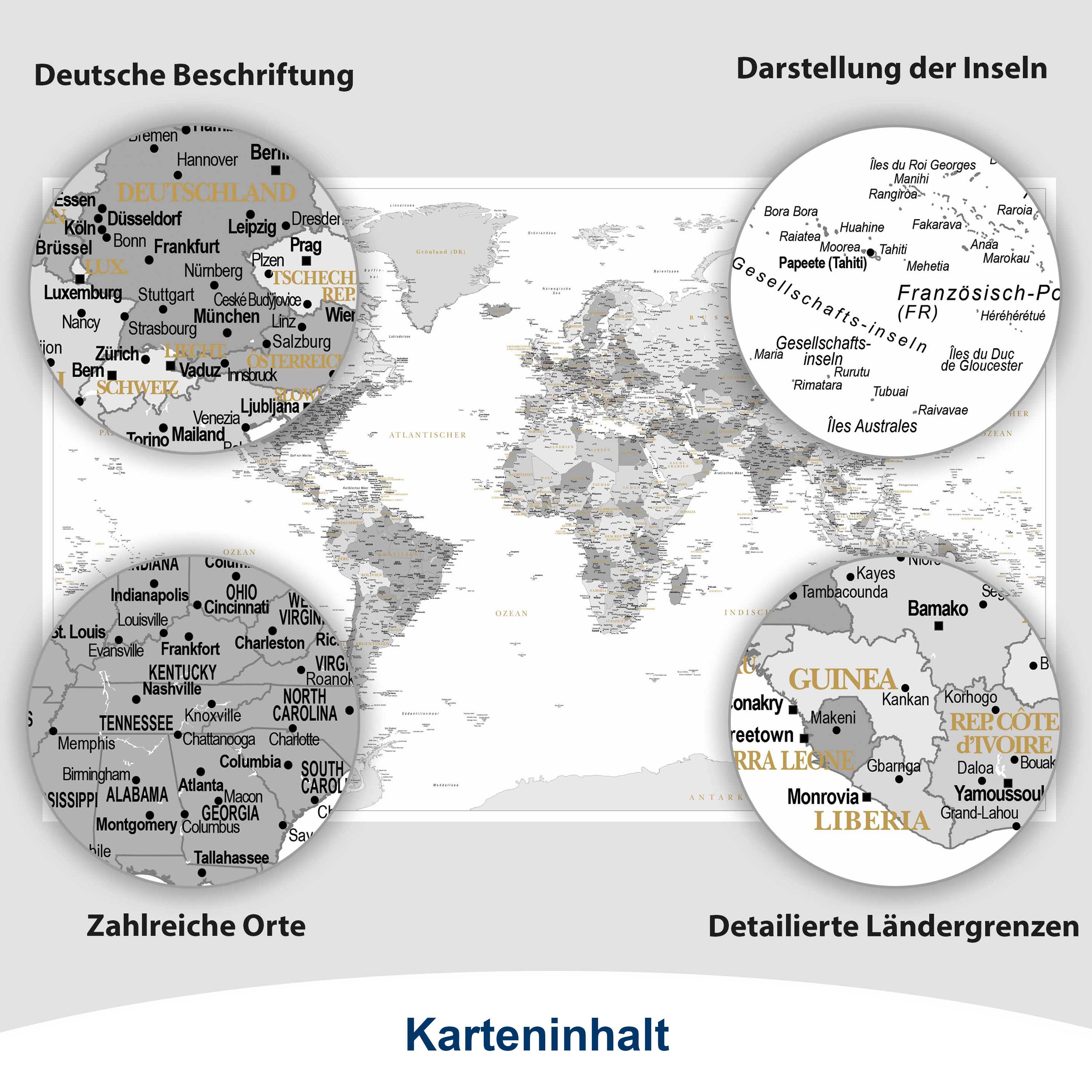 Interkart Landkarten & Globen GmbH Poster Moderne Weltkarte Weiß/Grau – Aktuelle deutsche Weltkarte, Wandbild, Bildung, Geographie, Reiseplanung