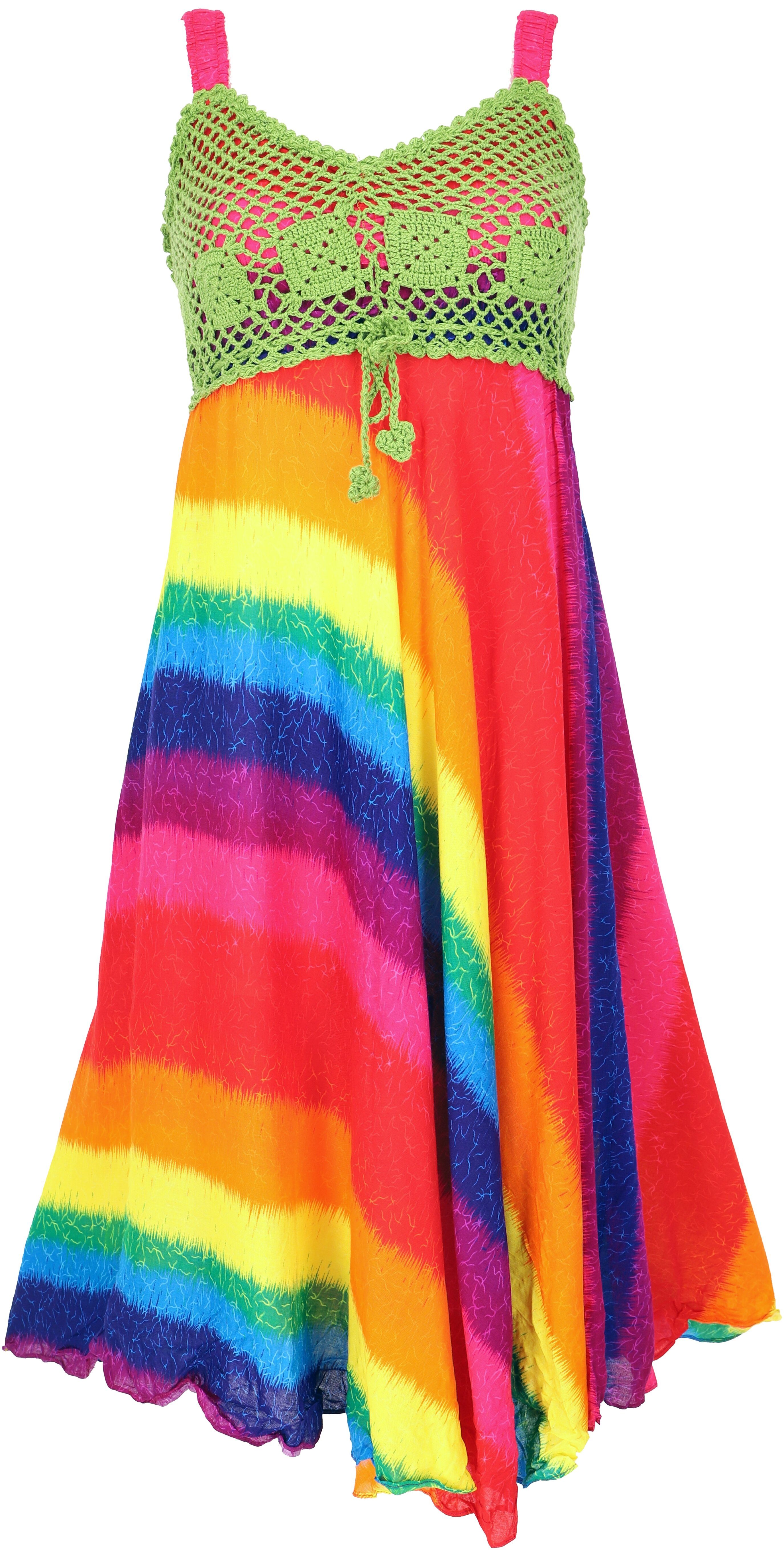 Guru-Shop Midikleid Boho Minikleid, Sommerkleid, regenbogen/ -.. Krinkelkleid alternative lemongrün Bekleidung