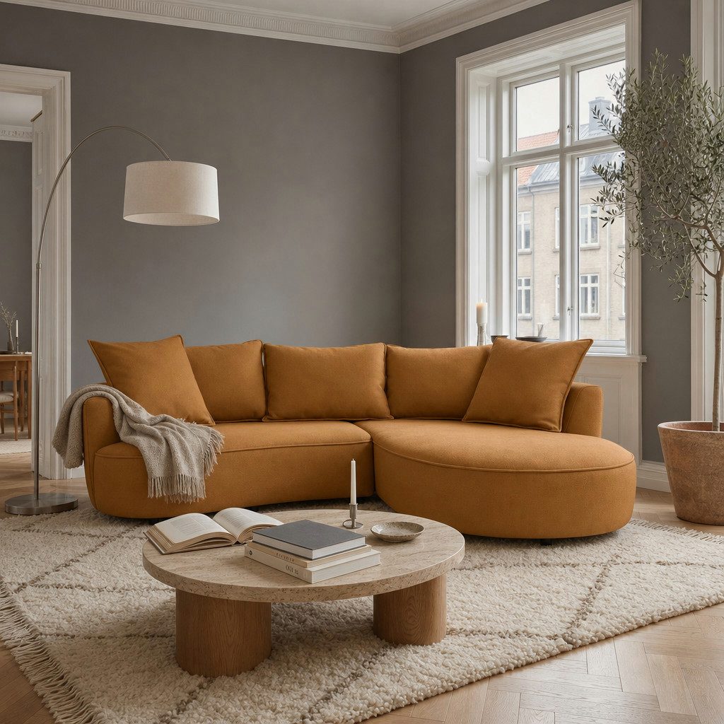 foamnova Ecksofa Mantua, 3-Sitzer mit Recamiere, organische Form, Breite 260 cm, Organische, fließende Form, echt bezogener Rücken