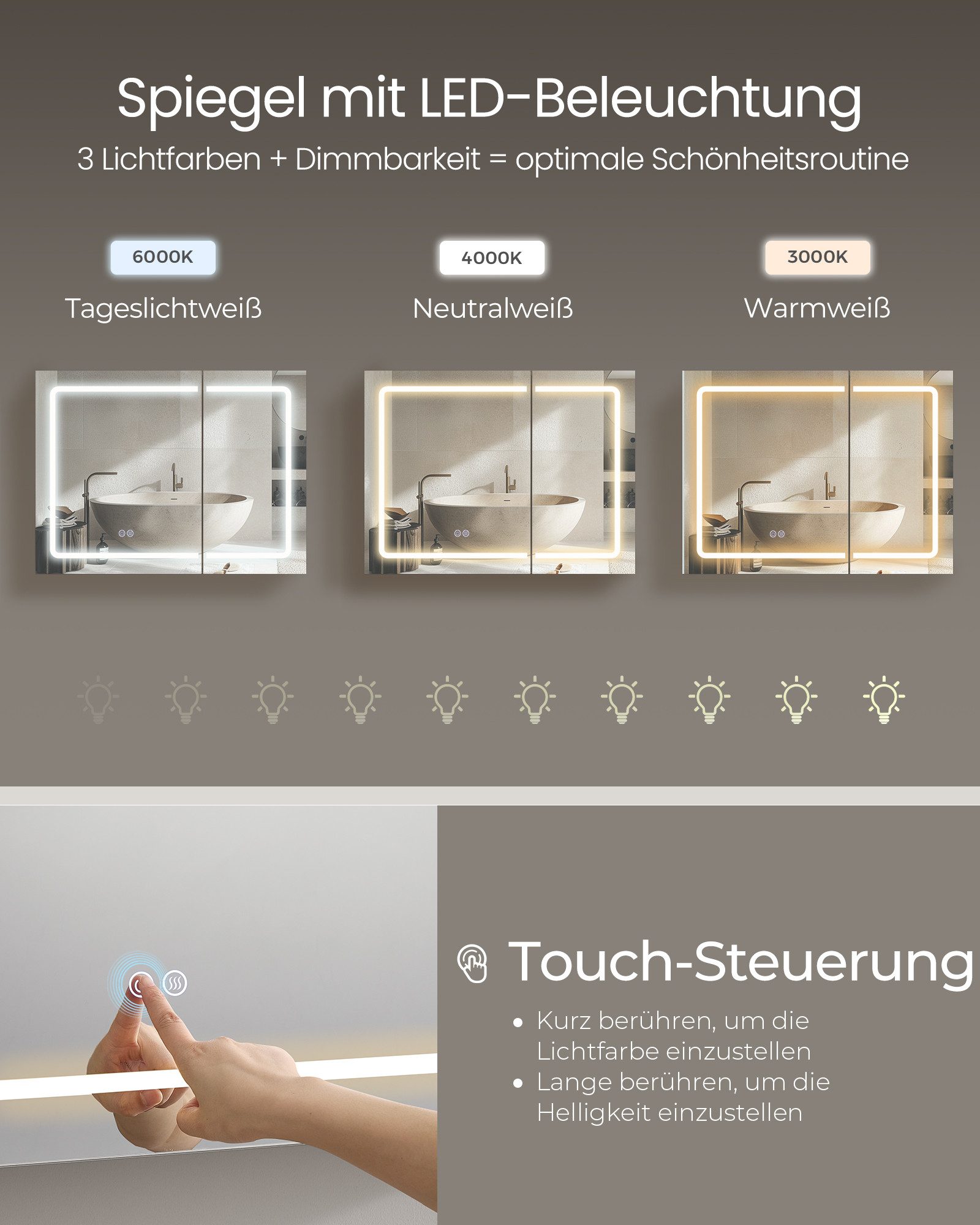 VASAGLE Spiegelschrank Badezimmerschrank mit LED, Vergrößerungsspiegel, Breite 50-80cm, Steckdosenleiste