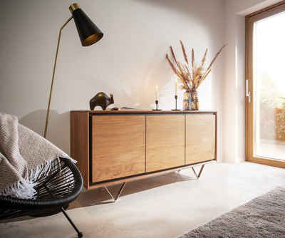 DELIFE Sideboard Stonegrace, Akazie Natur 145 cm 3 Türen Steinfurnier V-Fuß Sideboard