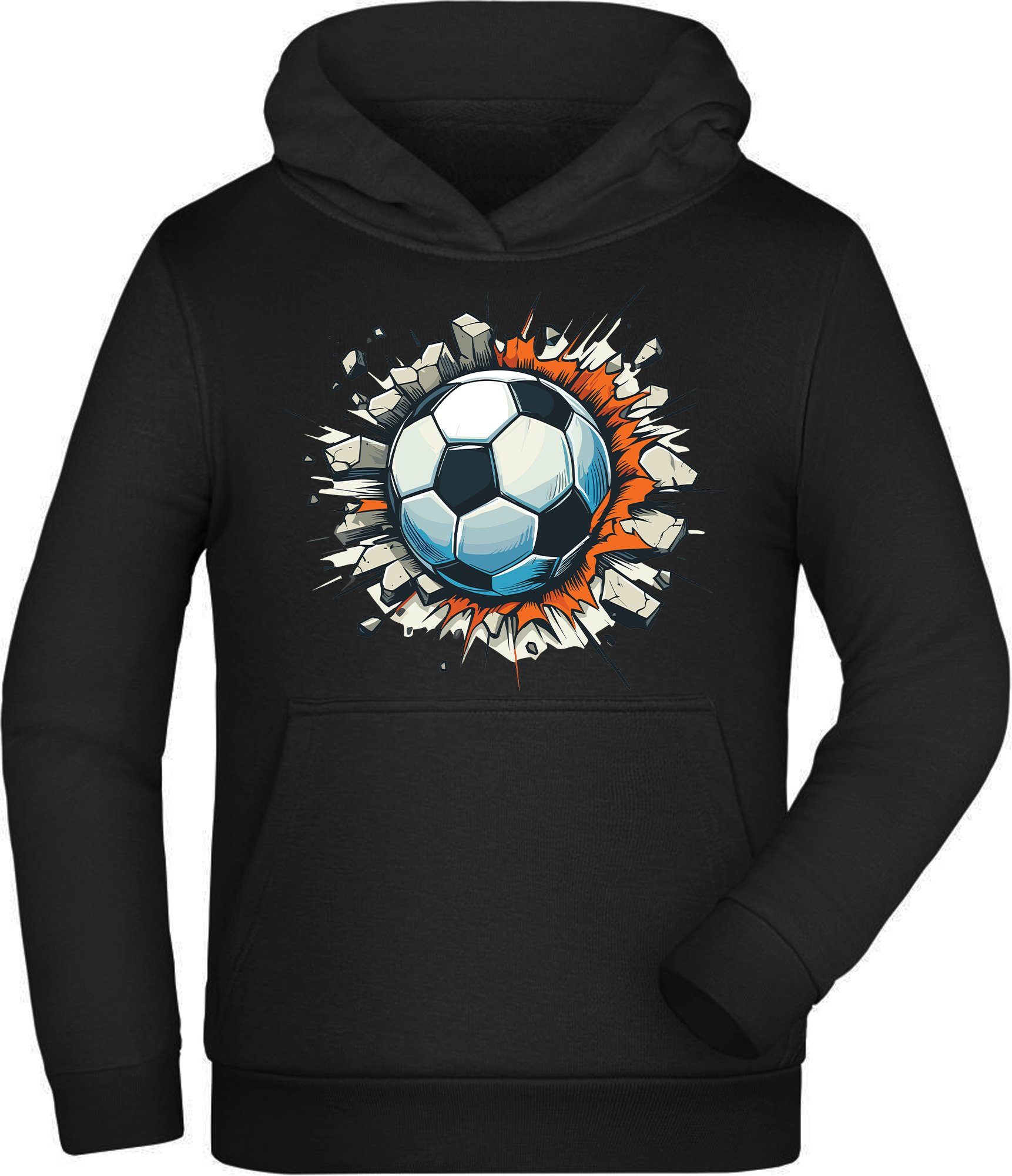 MyDesign24 Hoodie Kinder Kapuzen Sweatshirt - Fußball der durch Steinmauer fliegt Kapuzensweater mit Aufdruck i483