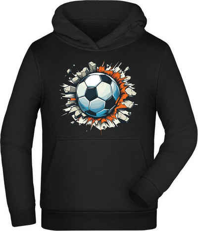MyDesign24 Hoodie Kinder Kapuzen Sweatshirt - Fußball der durch Steinmauer fliegt Kapuzensweater mit Aufdruck, i483