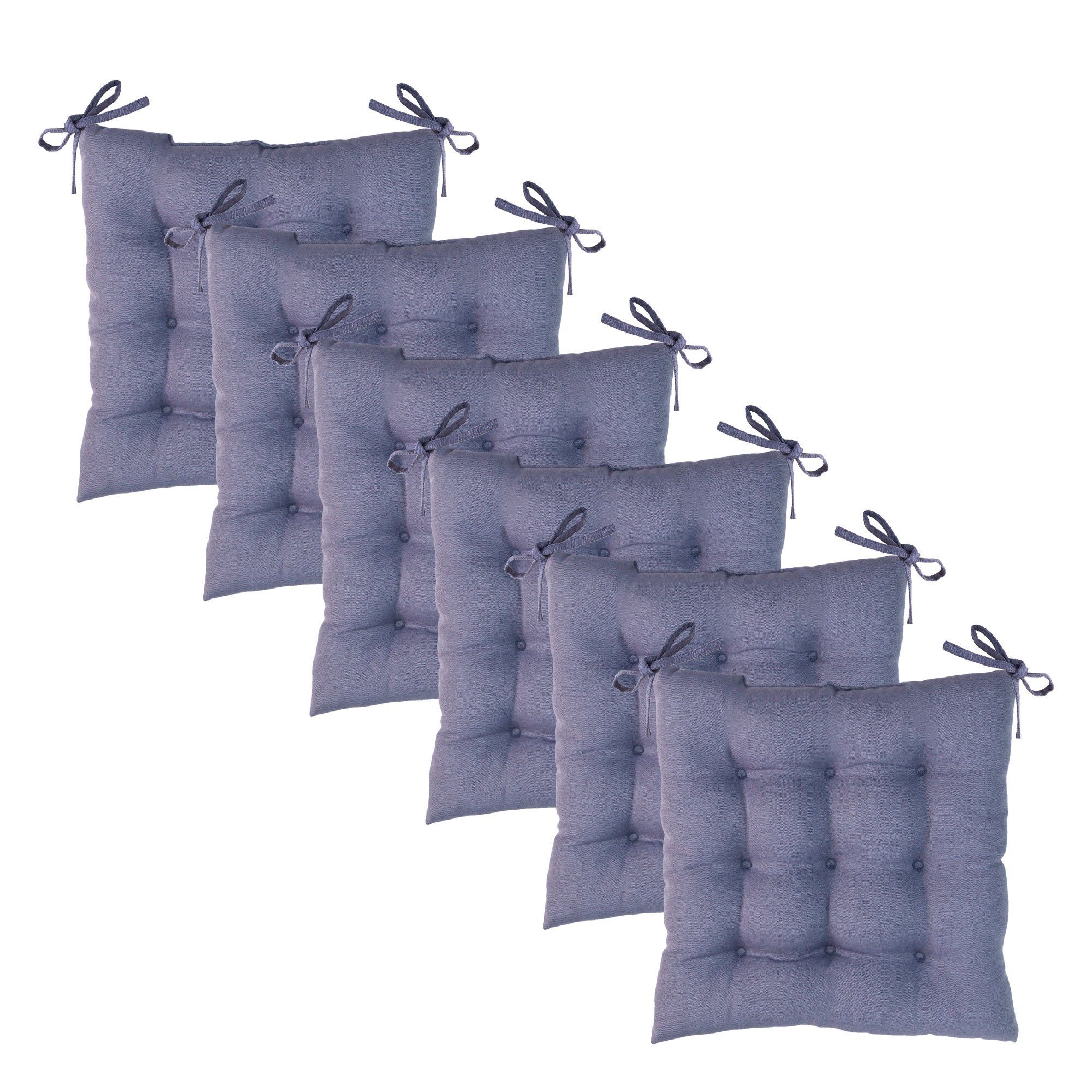 Komfortec Stuhlkissen 6er Set 40x40 cm mit Bändern, 100% Baumwolle Sitzkissen 200 g/m², Wasserabweisend Dekokissen, Sitzauflage für Innen- & Außenbereich Blau