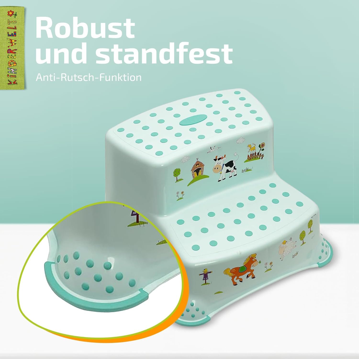 KiNDERWELT Tritthocker Premium zweistufiger Hocker Funny Farm aquamarin